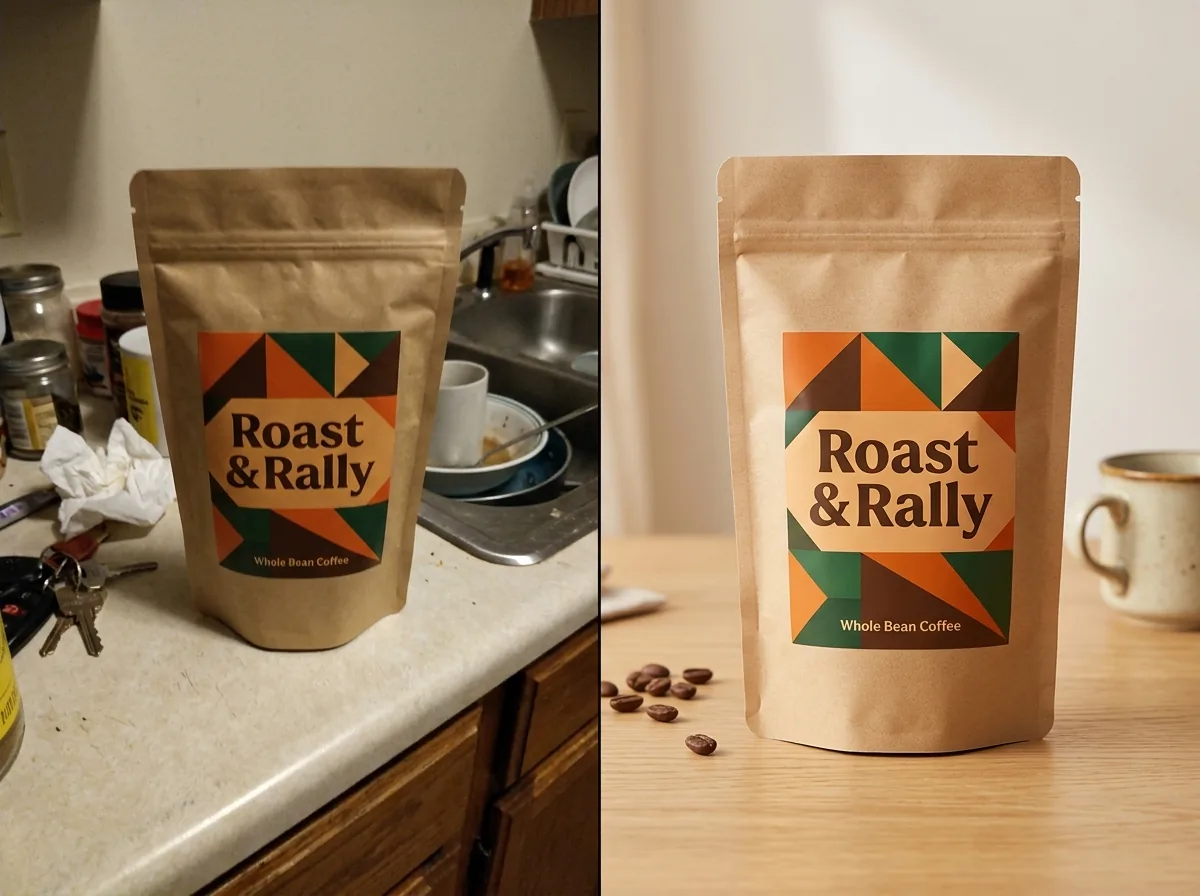 Before and after transformation of a product photo into a polished ad creative for an Amazon lifestyle ad workflow