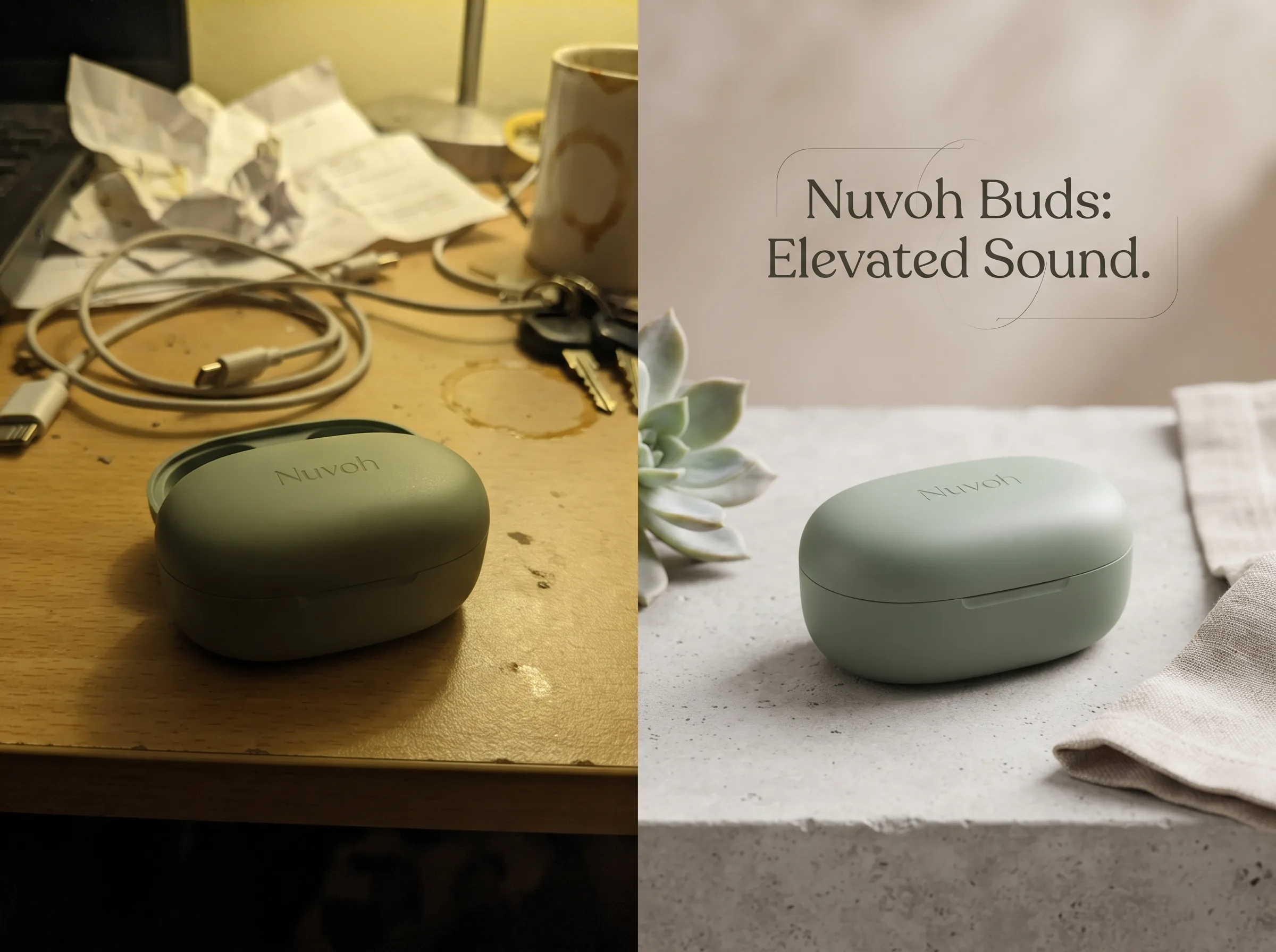 Before and after transformation of a product photo into a polished ad creative for an Amazon product display ad workflow