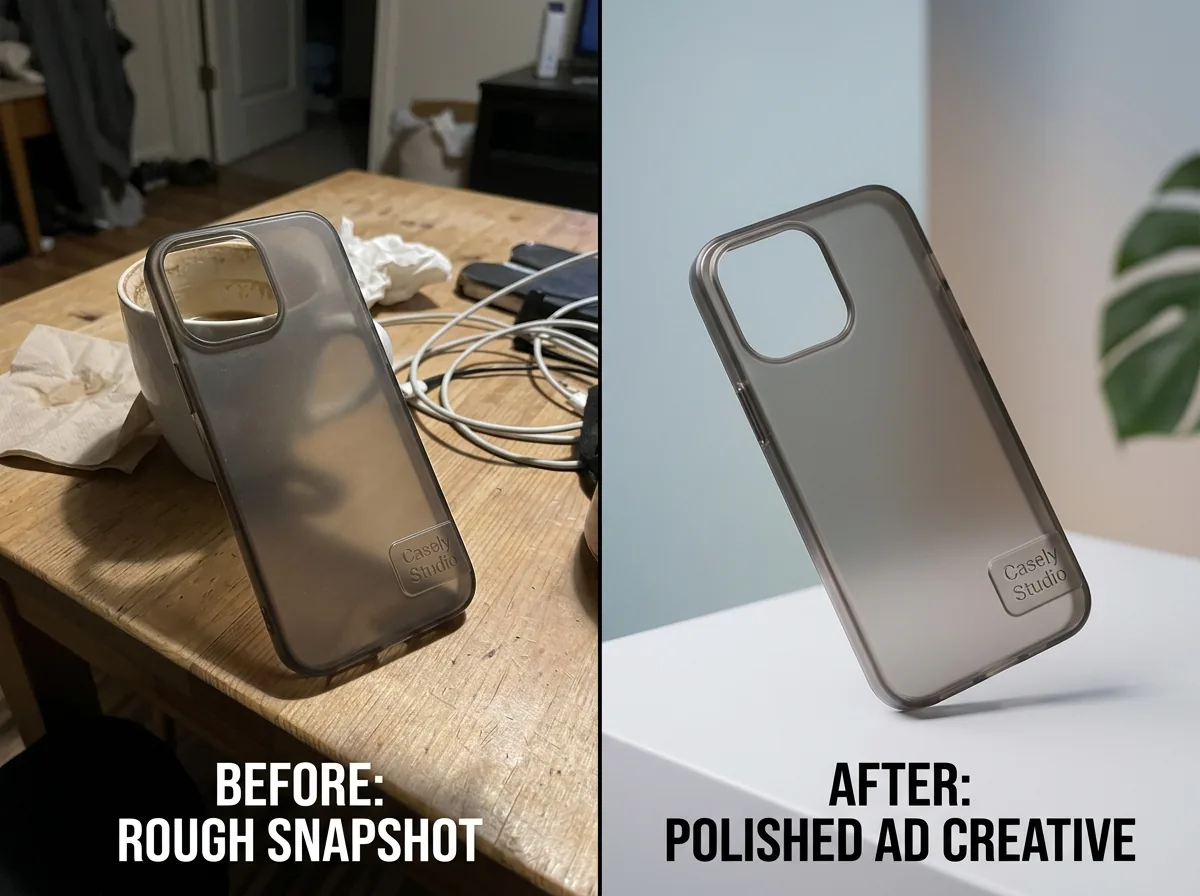 Before and after transformation of a product photo into a polished ad creative for an app-install ad creative workflow