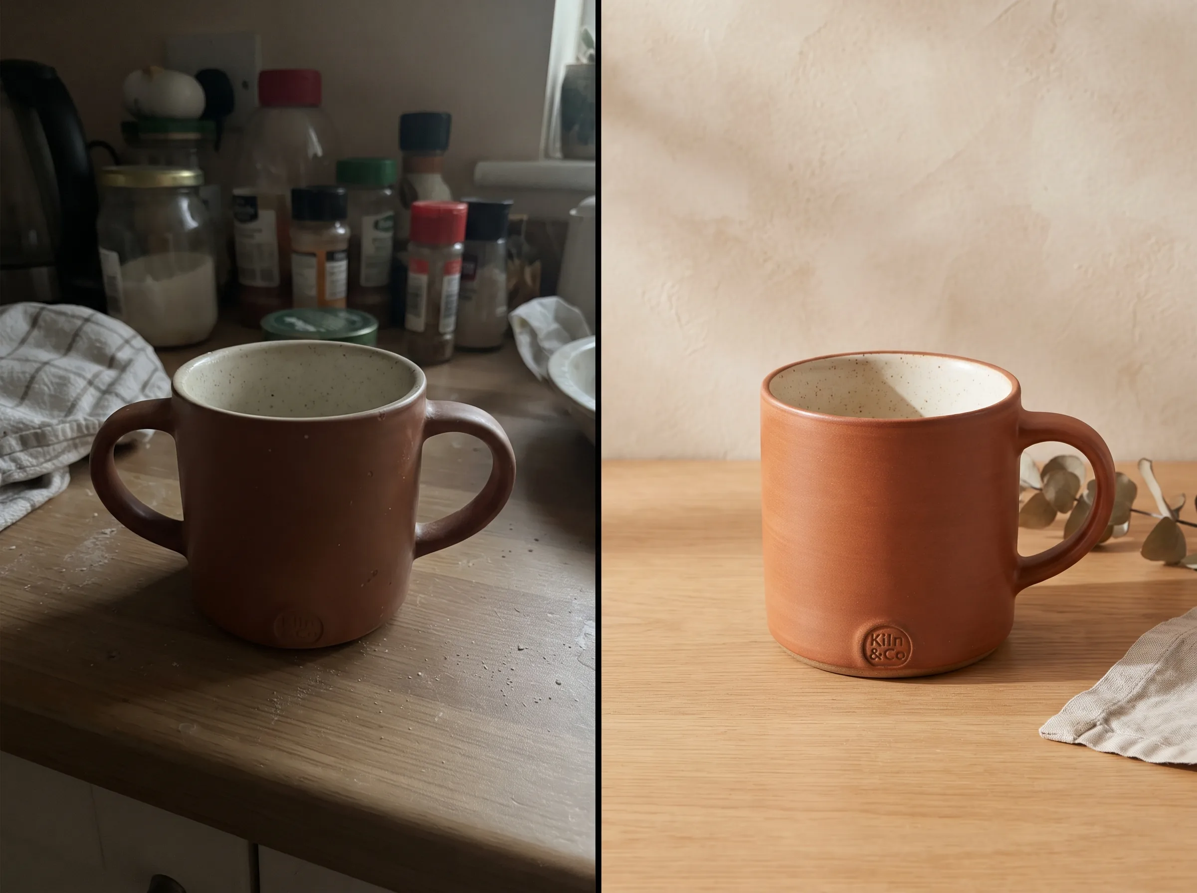 Before and after transformation of a product photo into a polished ad creative for a catalog sales ad workflow