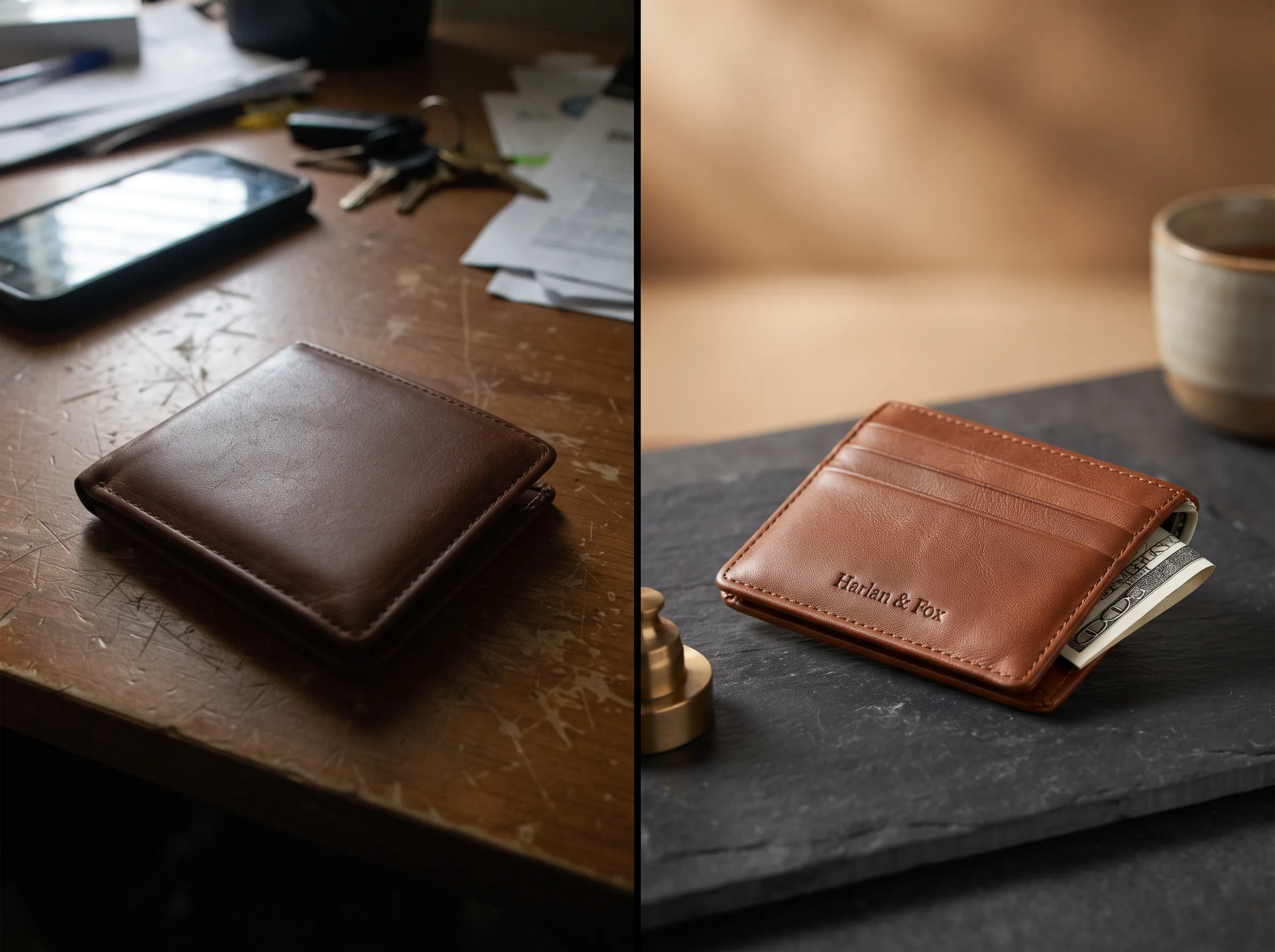 Before and after transformation of a product photo into a polished ad creative for a dynamic product ad workflow
