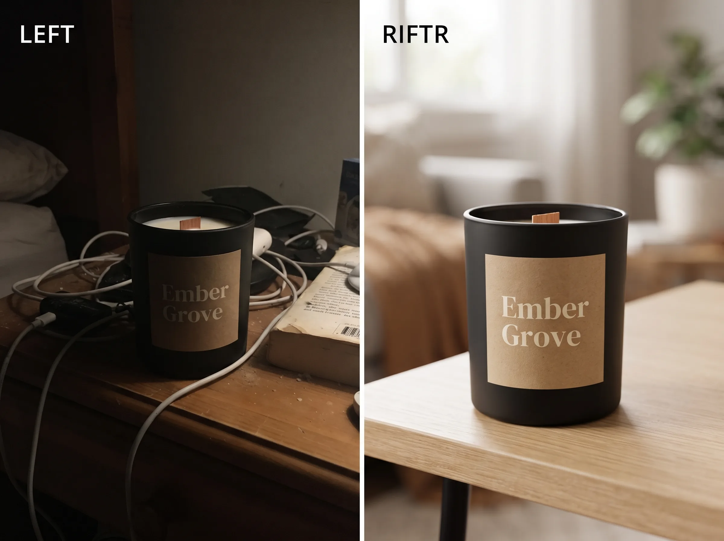 Before and after transformation of a product photo into a polished ad creative for a Facebook ad creative workflow