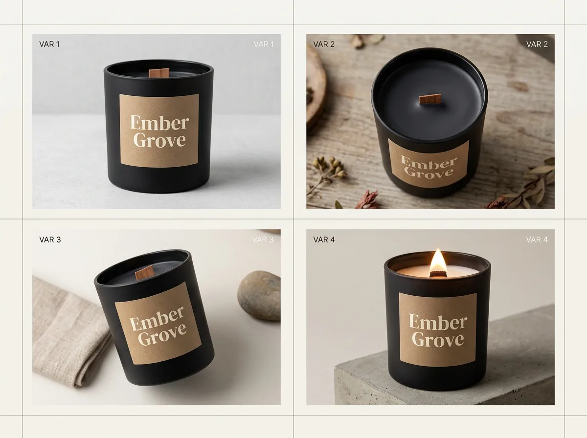 Multiple styled product variations generated for a Facebook ad creative workflow in Scalio