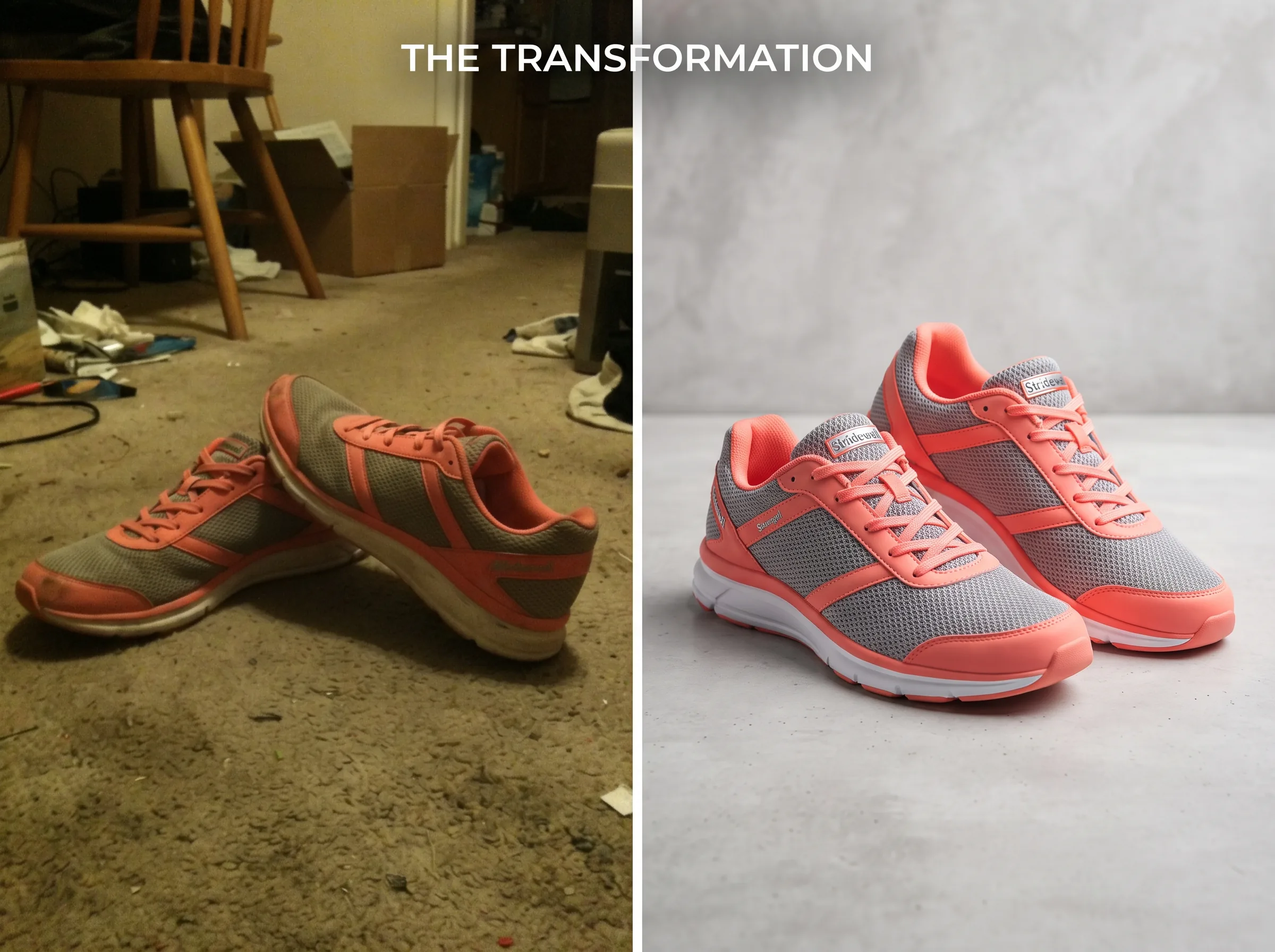 Before and after transformation of a product photo into a polished ad creative for a Facebook carousel ad workflow