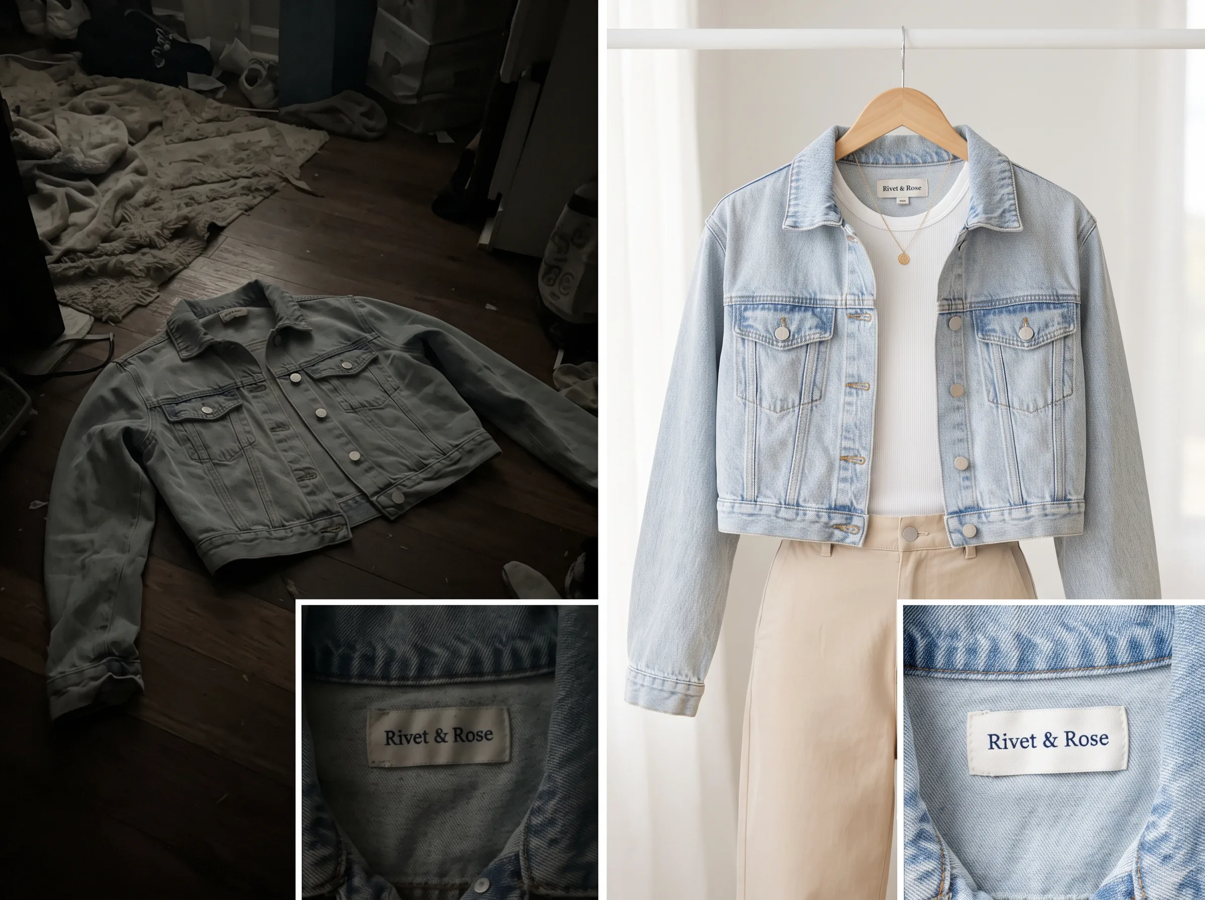 Before and after transformation of a product photo into a polished ad creative for a Facebook Collection ad workflow