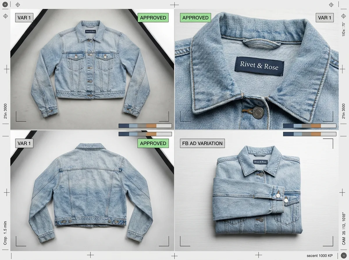 Multiple styled product variations generated for a Facebook Collection ad workflow in Scalio