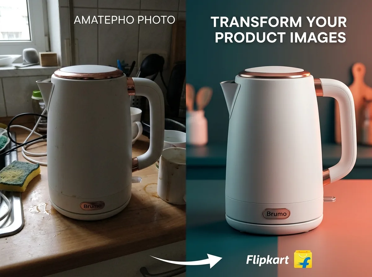 Before and after transformation of a product photo into a polished ad creative for a Flipkart ad creative workflow
