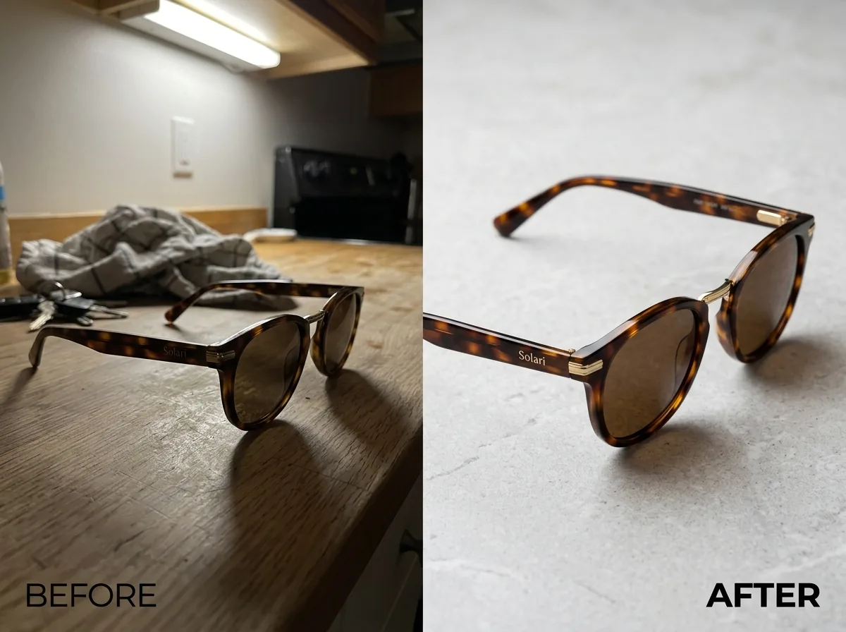Before and after transformation of a product photo into a polished ad creative for a Google Shopping ad creative workflow