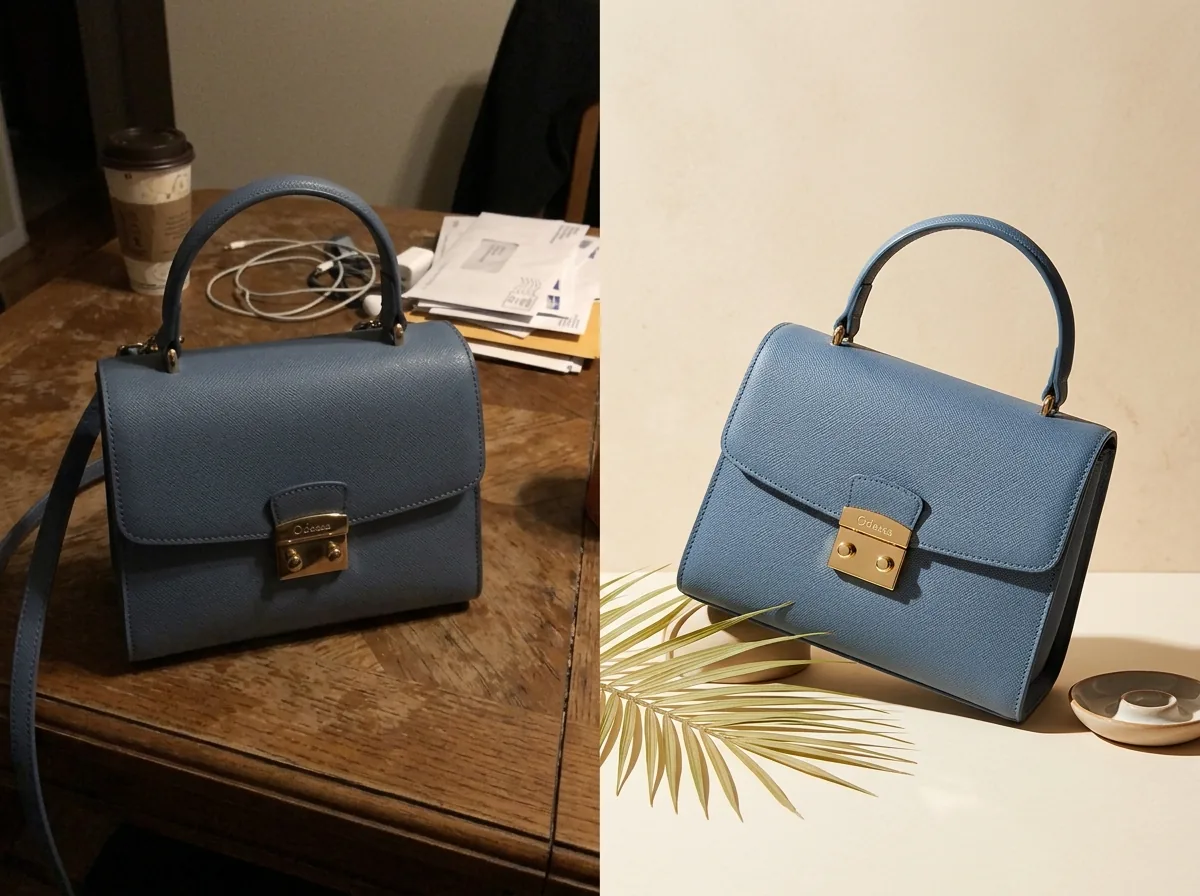 Before and after transformation of a product photo into a polished ad creative for an Instagram ad creative workflow