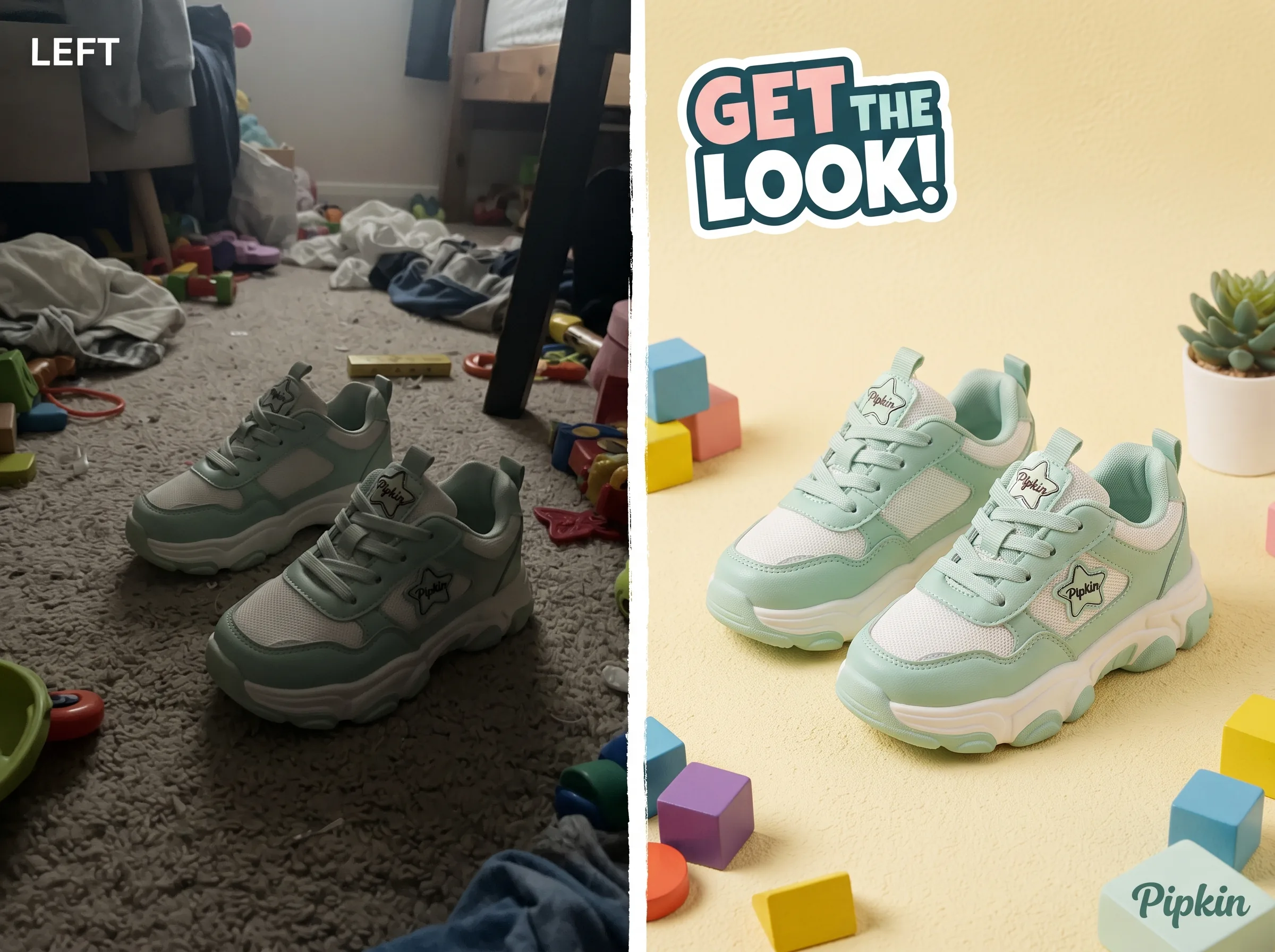 Before and after transformation of a product photo into a polished ad creative for an Instagram Reels ad workflow