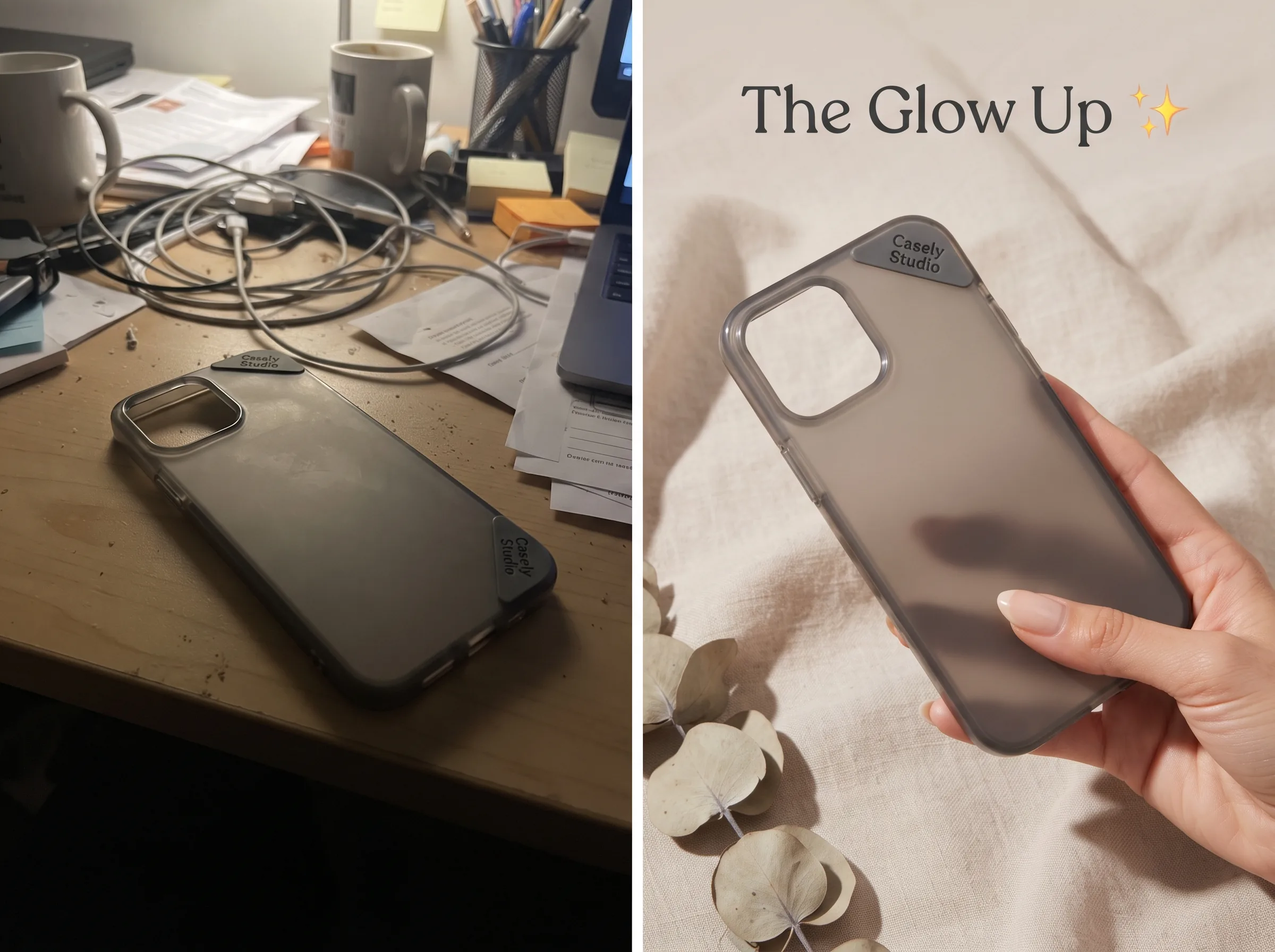 Before and after transformation of a product photo into a polished ad creative for an Instagram Story ad workflow