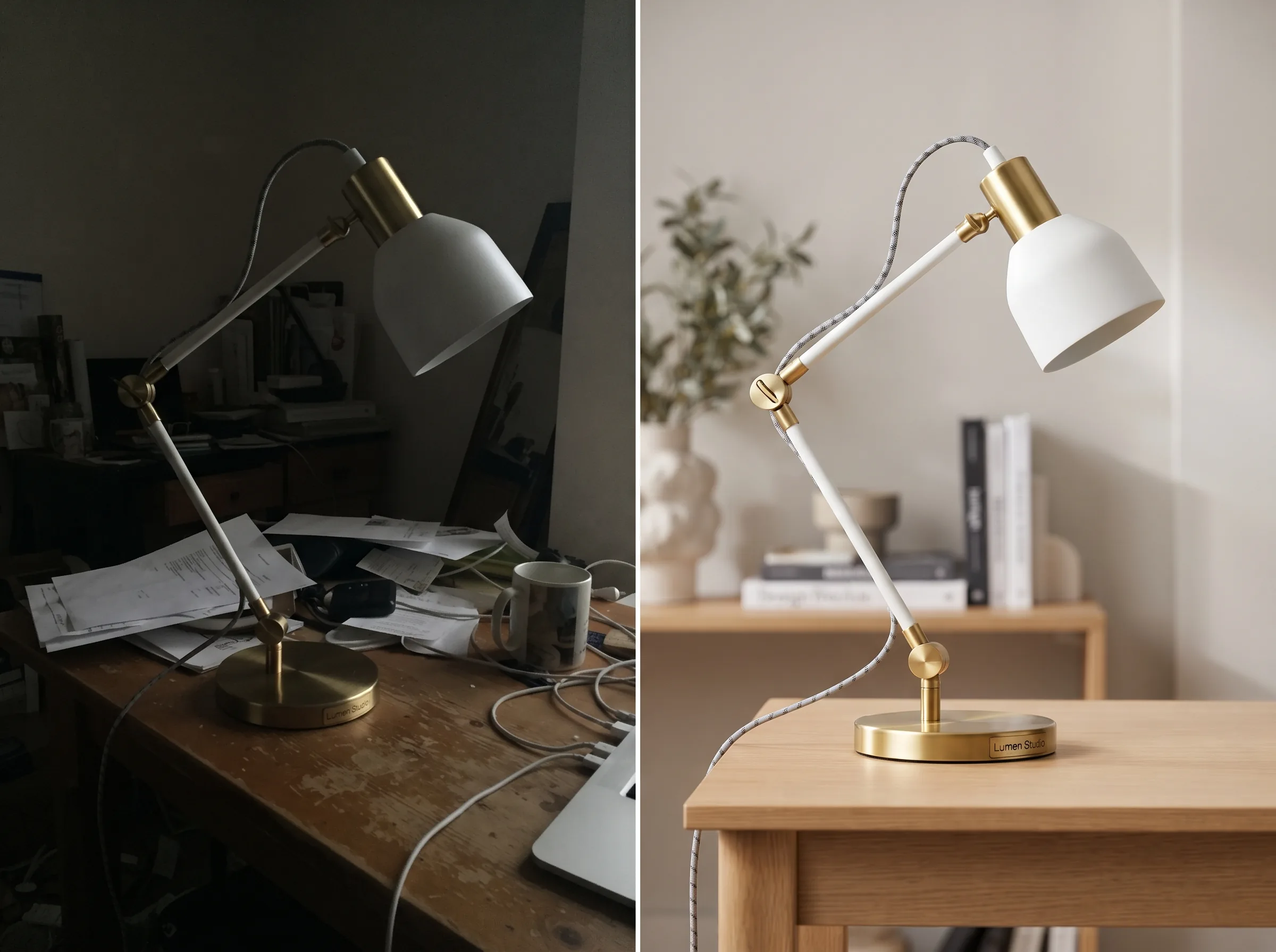 Before and after transformation of a product photo into a polished ad creative for a lead-generation ad workflow