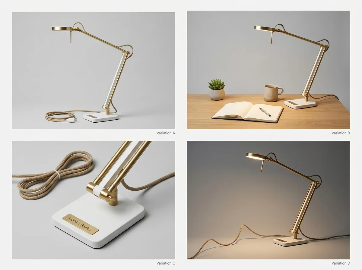 Multiple styled product variations generated for a lead-generation ad workflow in Scalio