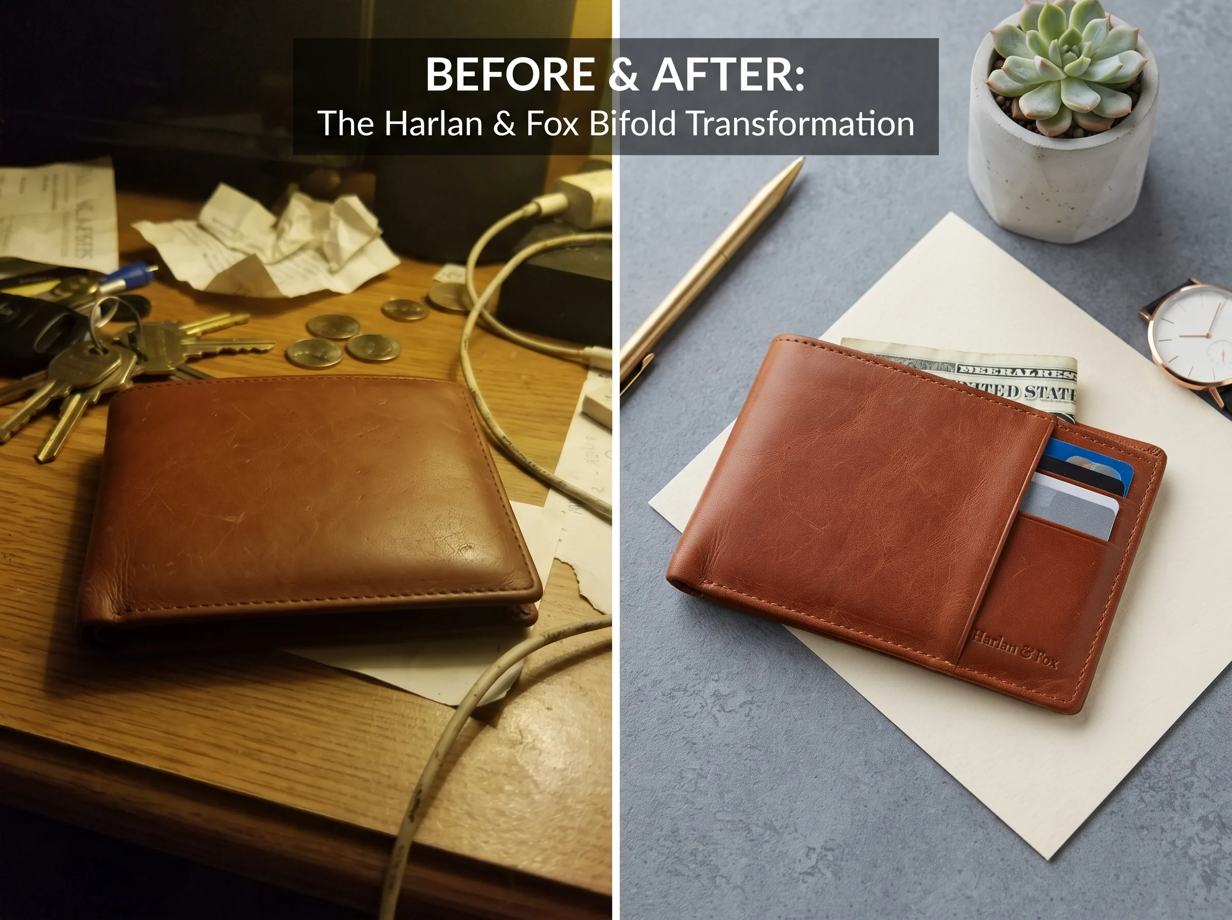 Before and after transformation of a product photo into a polished ad creative for a LinkedIn carousel ad workflow