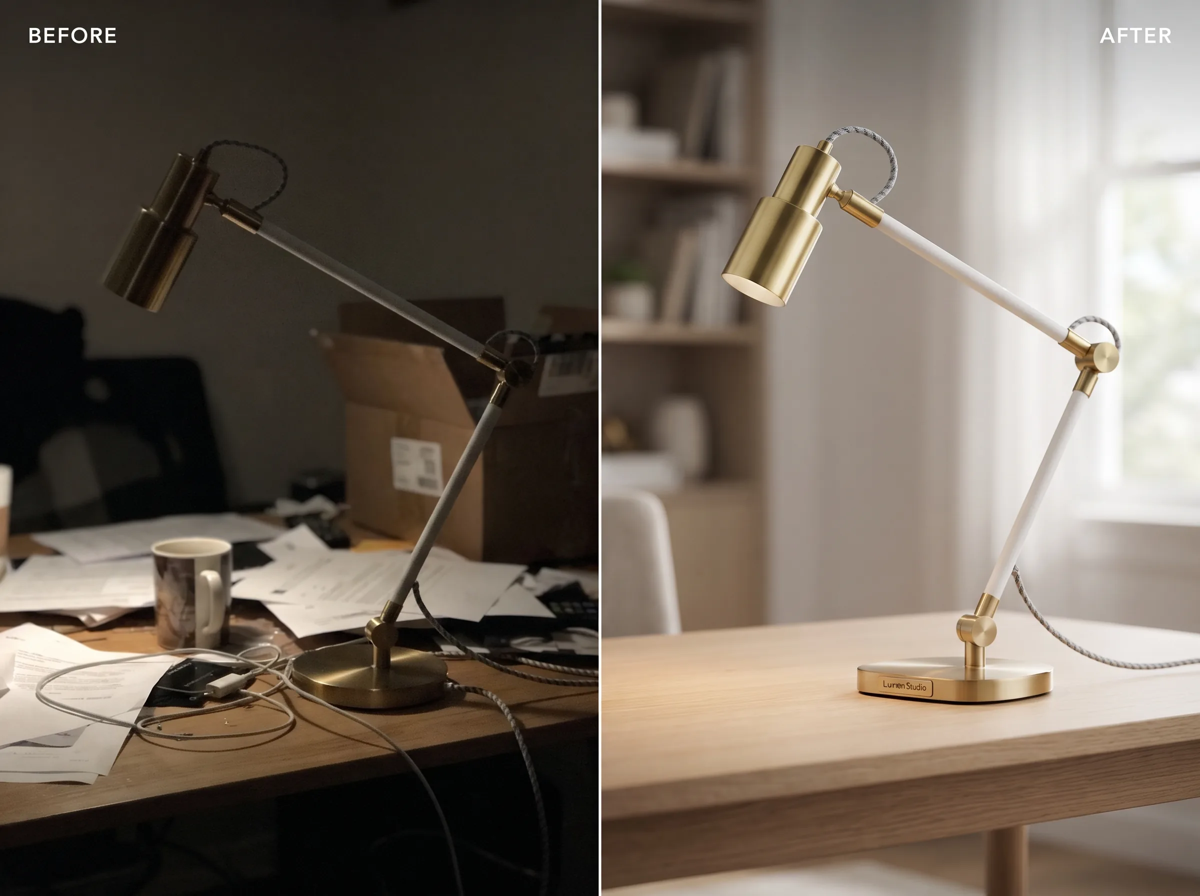 Before and after transformation of a product photo into a polished ad creative for a LinkedIn sponsored ad workflow