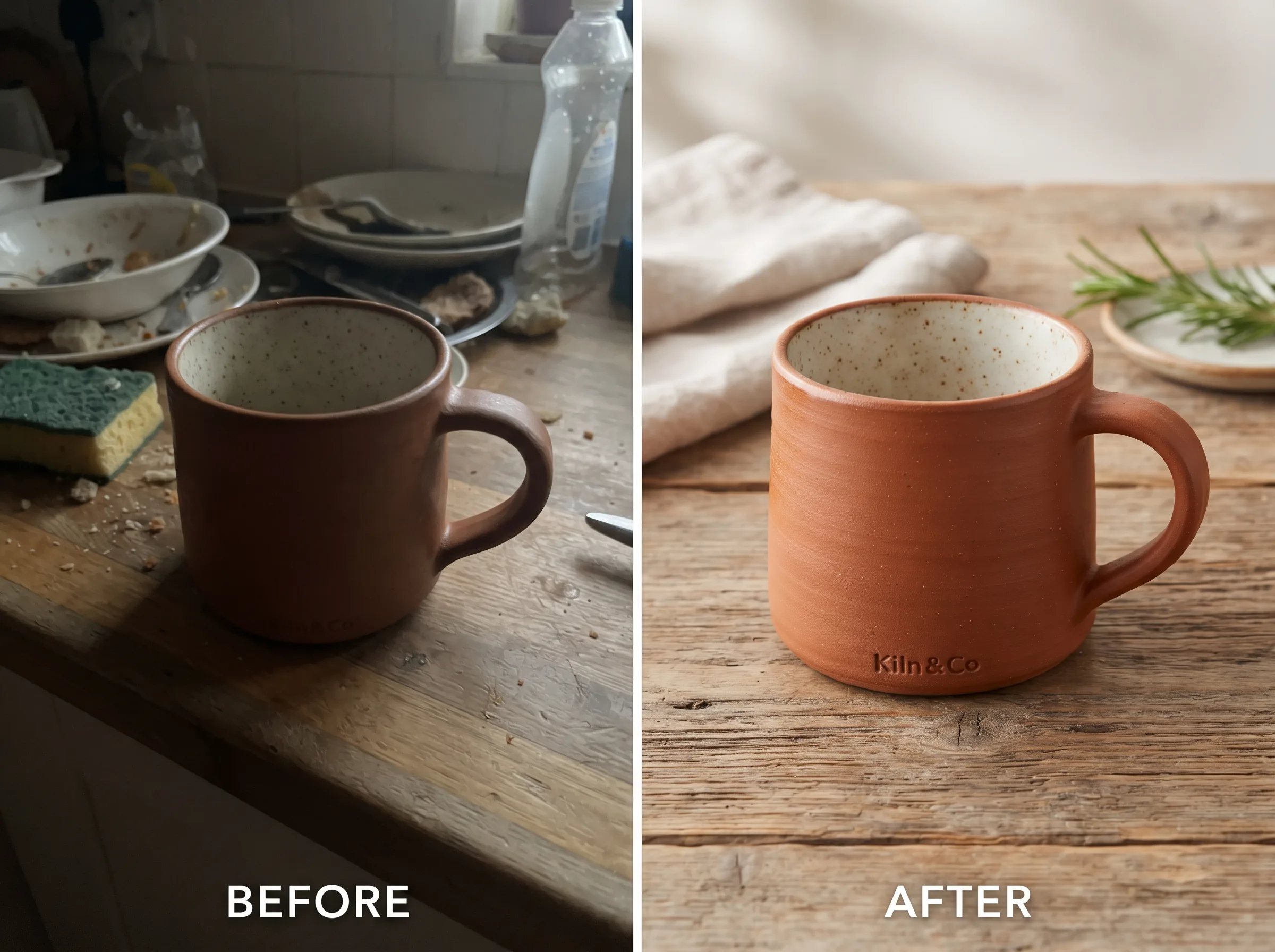 Before and after transformation of a product photo into a polished ad creative for a marketplace ad creative workflow