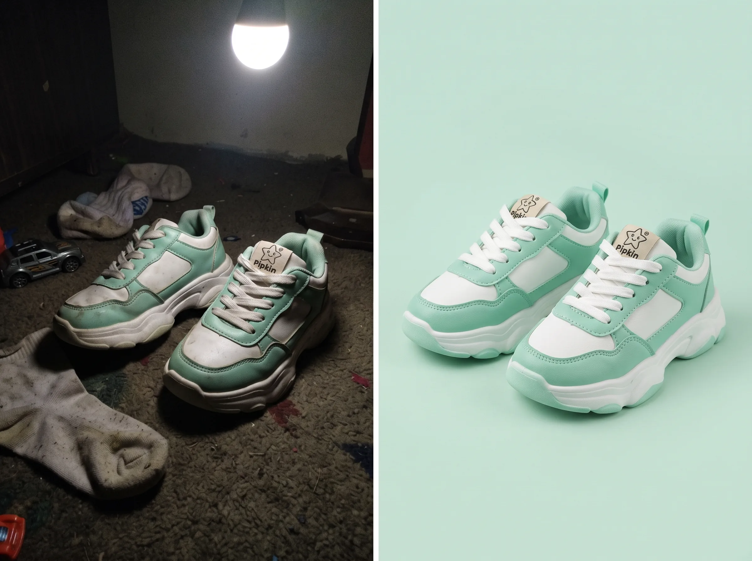 Before and after transformation of a product photo into a polished ad creative for a Meesho product ad workflow