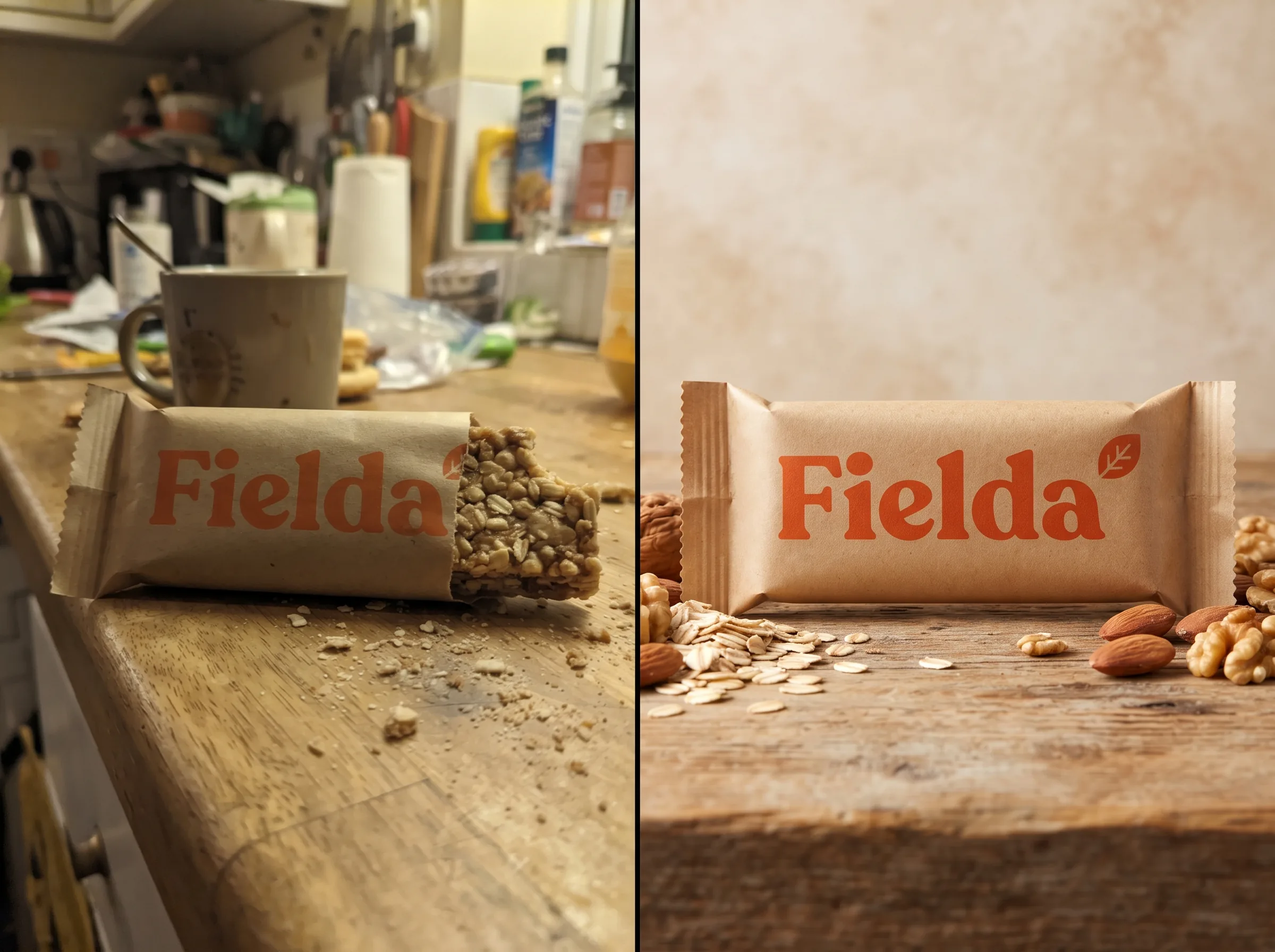 Before and after transformation of a product photo into a polished ad creative for a Meta Advantage+ ad creative workflow