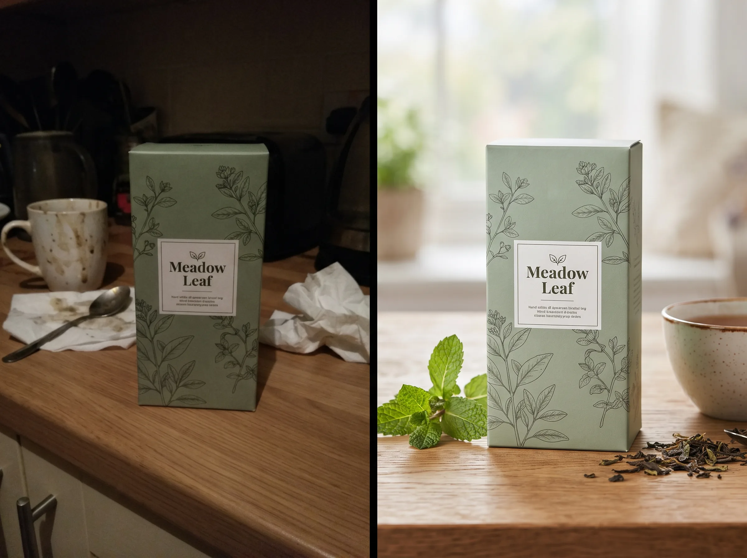 Before and after transformation of a product photo into a polished ad creative for a native ad creative workflow