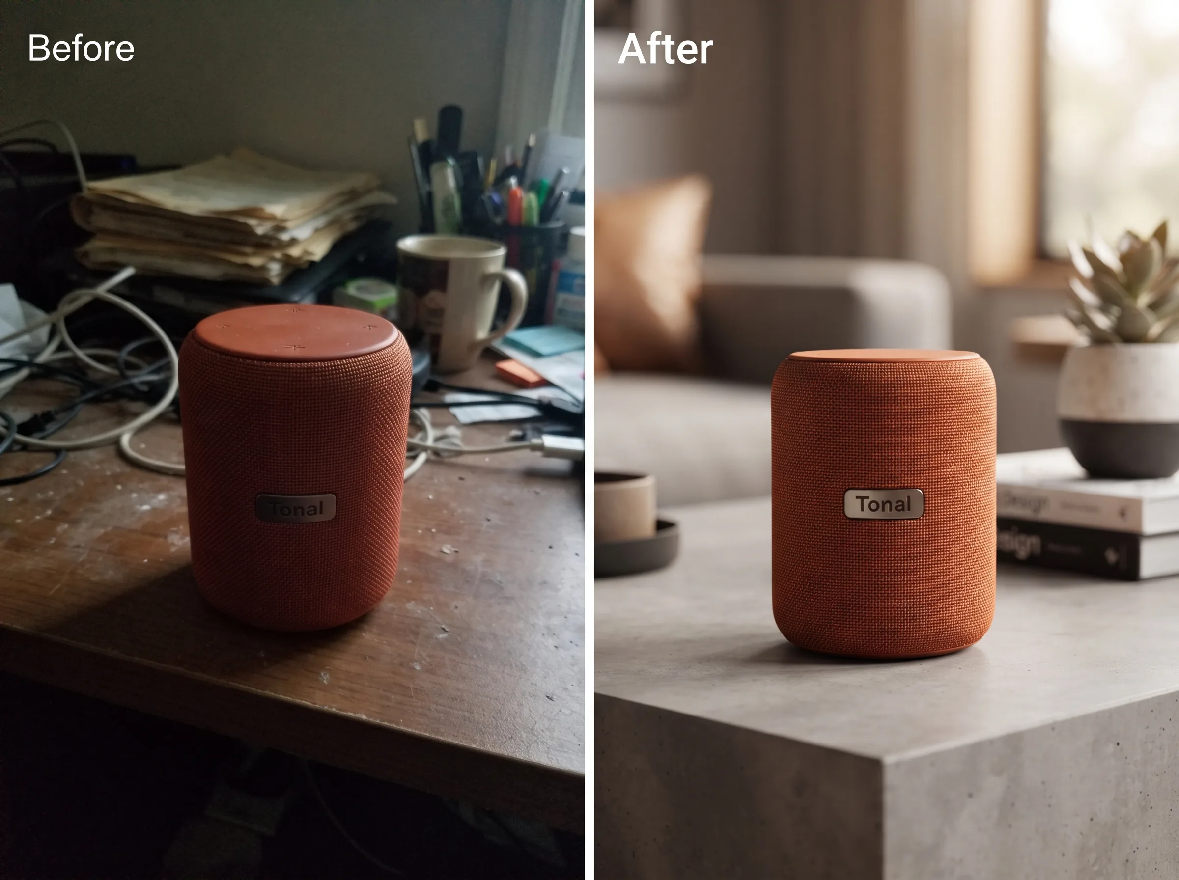 Before and after transformation of a product photo into a polished ad creative for a Performance Max ad asset workflow