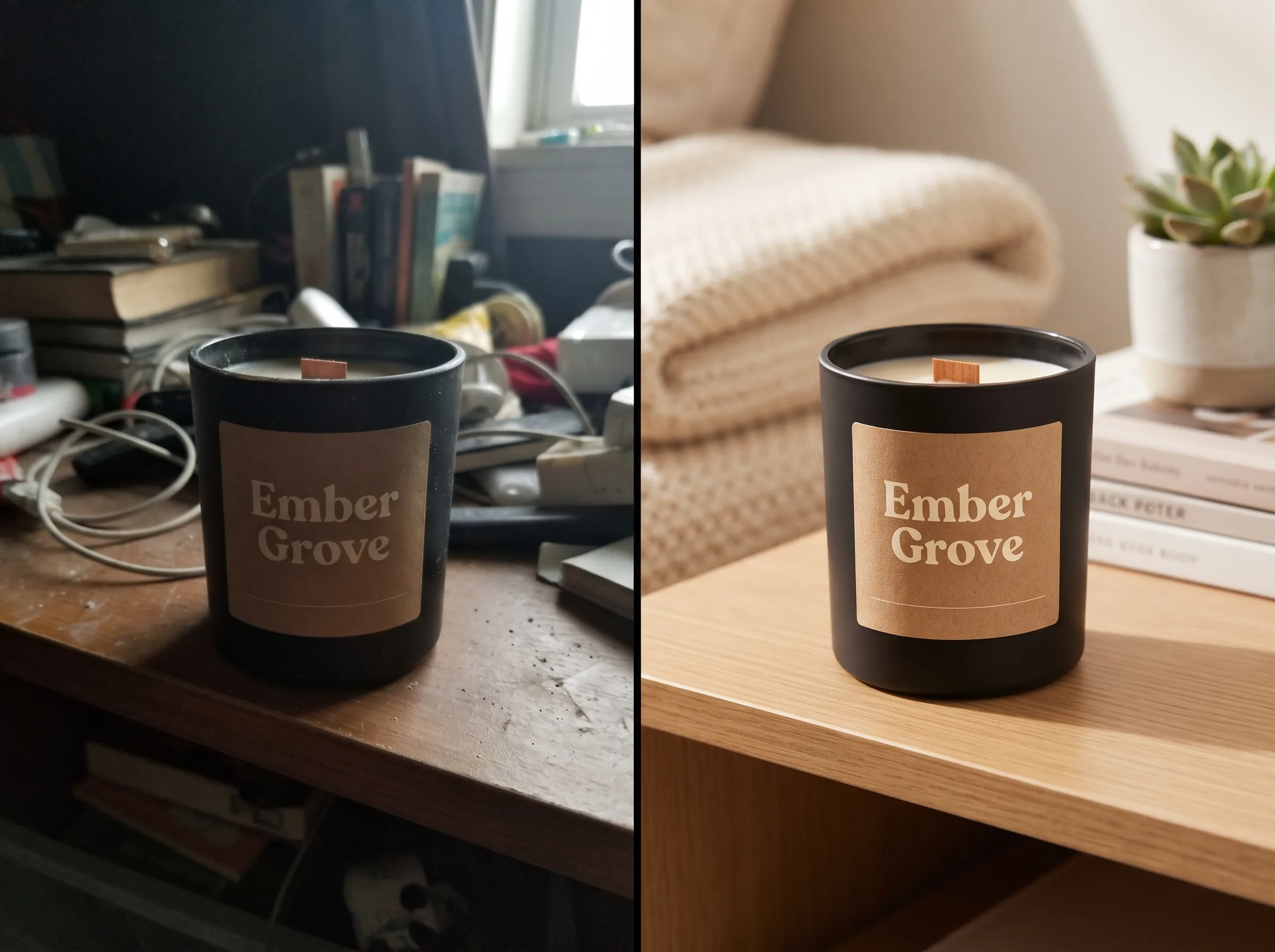 Before and after transformation of a product photo into a polished ad creative for a Pinterest ad creative workflow