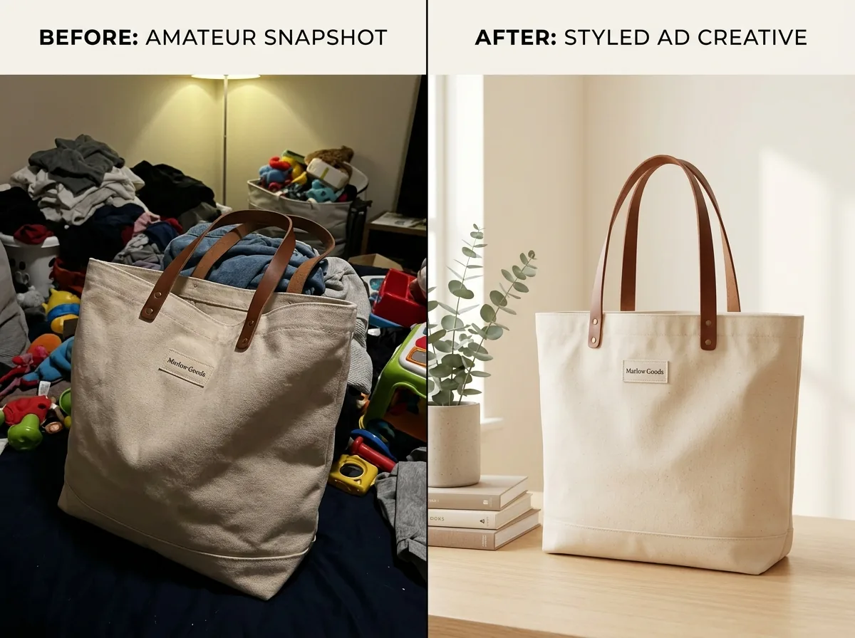 Before and after transformation of a product photo into a polished ad creative for a Pinterest Product Pin workflow