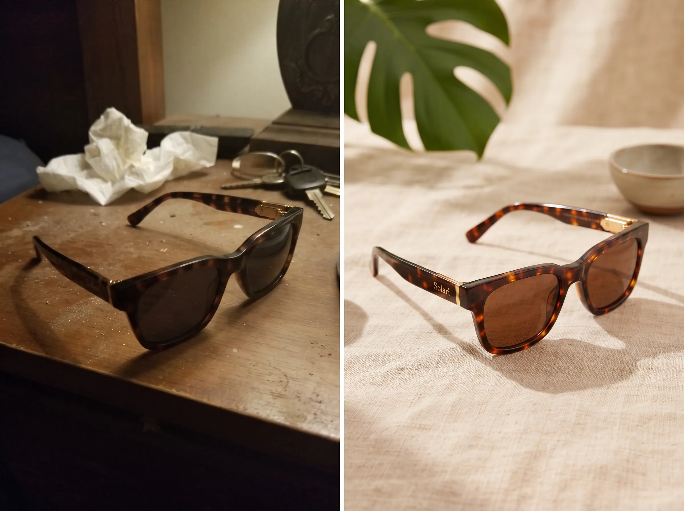 Before and after transformation of a product photo into a polished ad creative for a Pinterest Shopping ad workflow