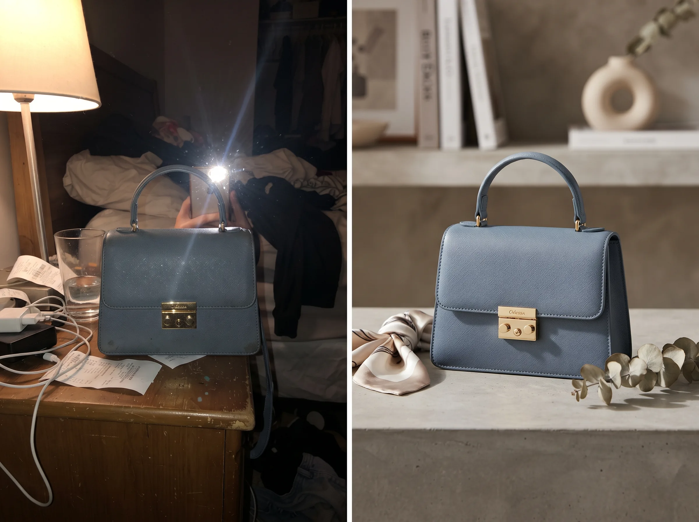 Before and after transformation of a product photo into a polished ad creative for a retargeting ad creative workflow