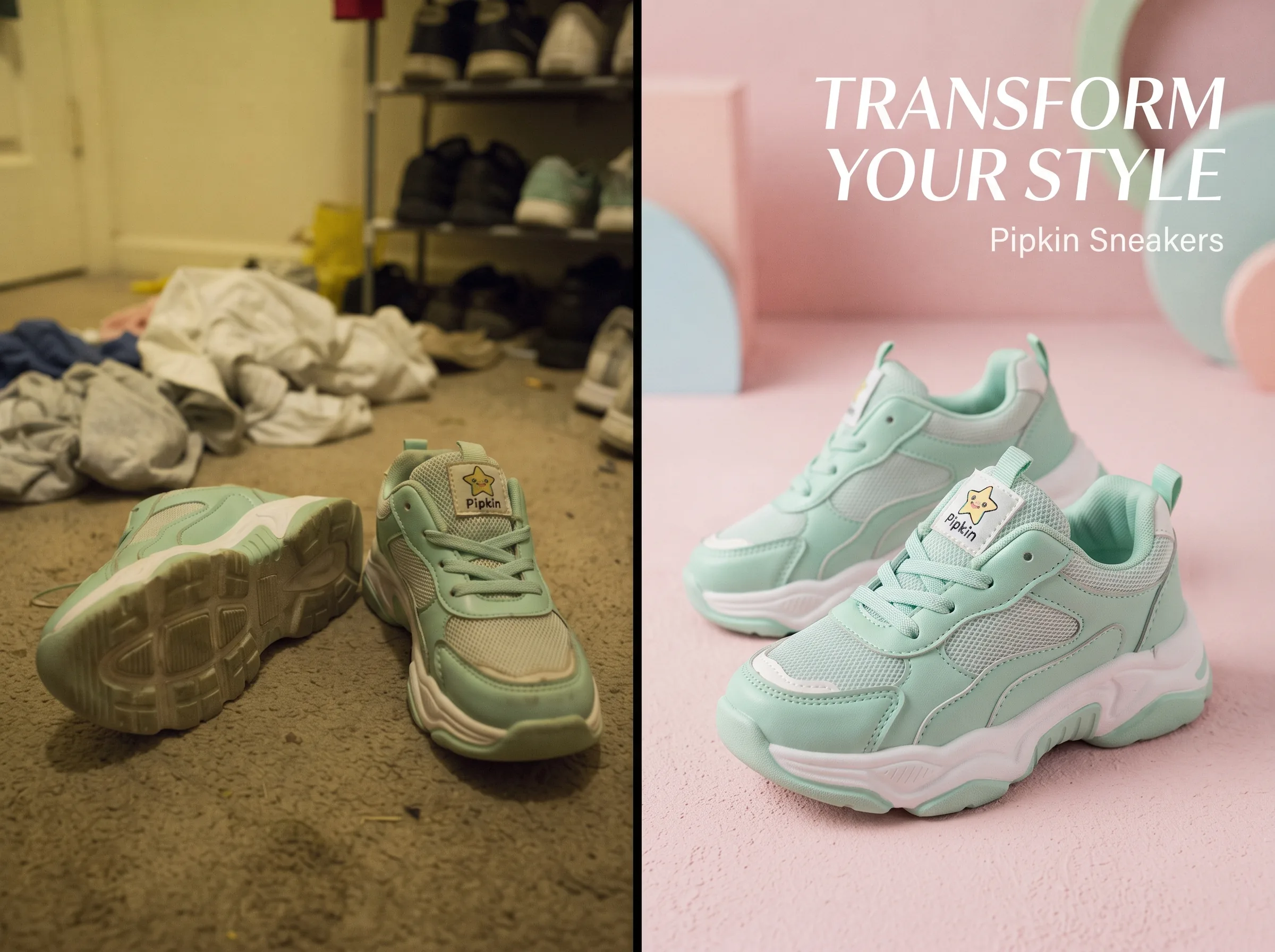 Before and after transformation of a product photo into a polished ad creative for a Snapchat ad creative workflow