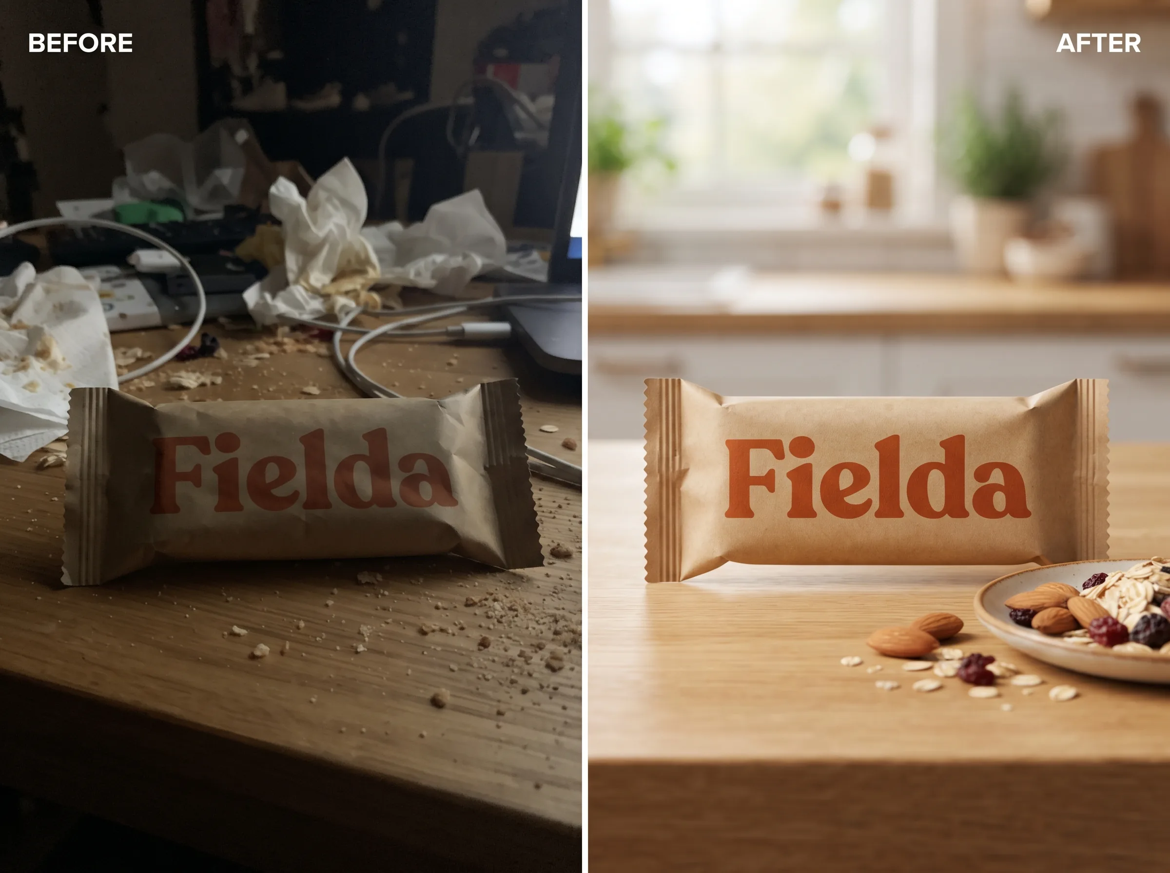 Before and after transformation of a product photo into a polished ad creative for a TikTok ad creative workflow