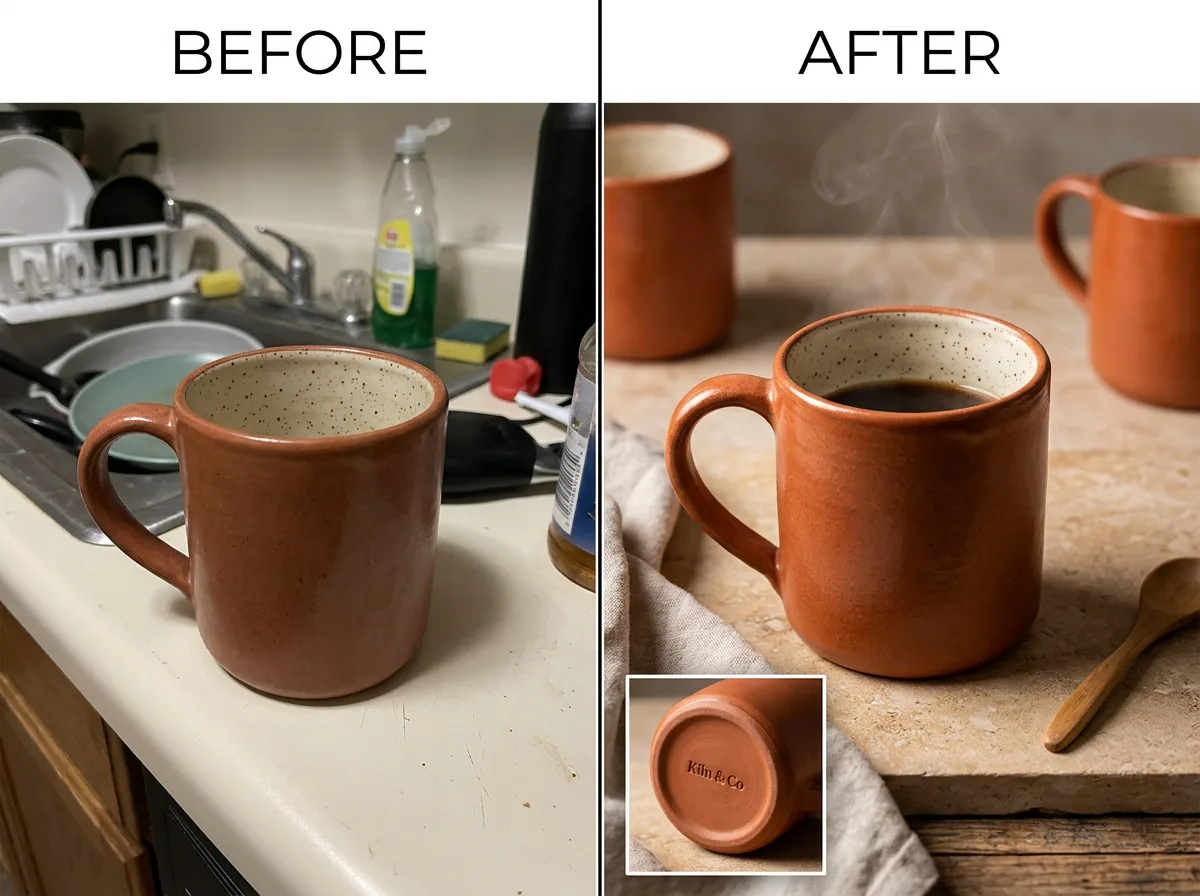 Before and after transformation of a product photo into a polished ad creative for a WhatsApp Catalog ad workflow