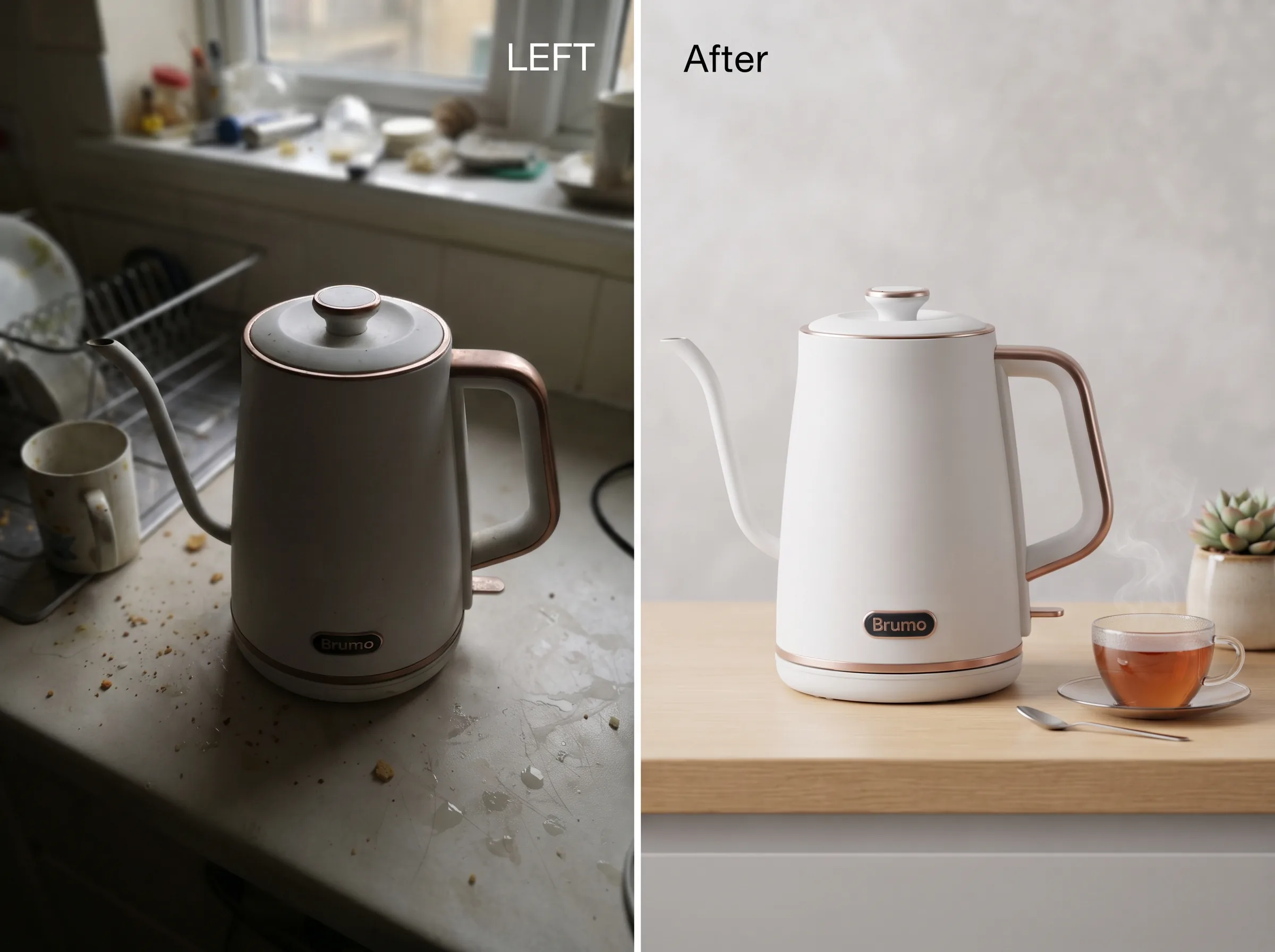 Before and after transformation of a product photo into a polished ad creative for a YouTube video ad creative workflow