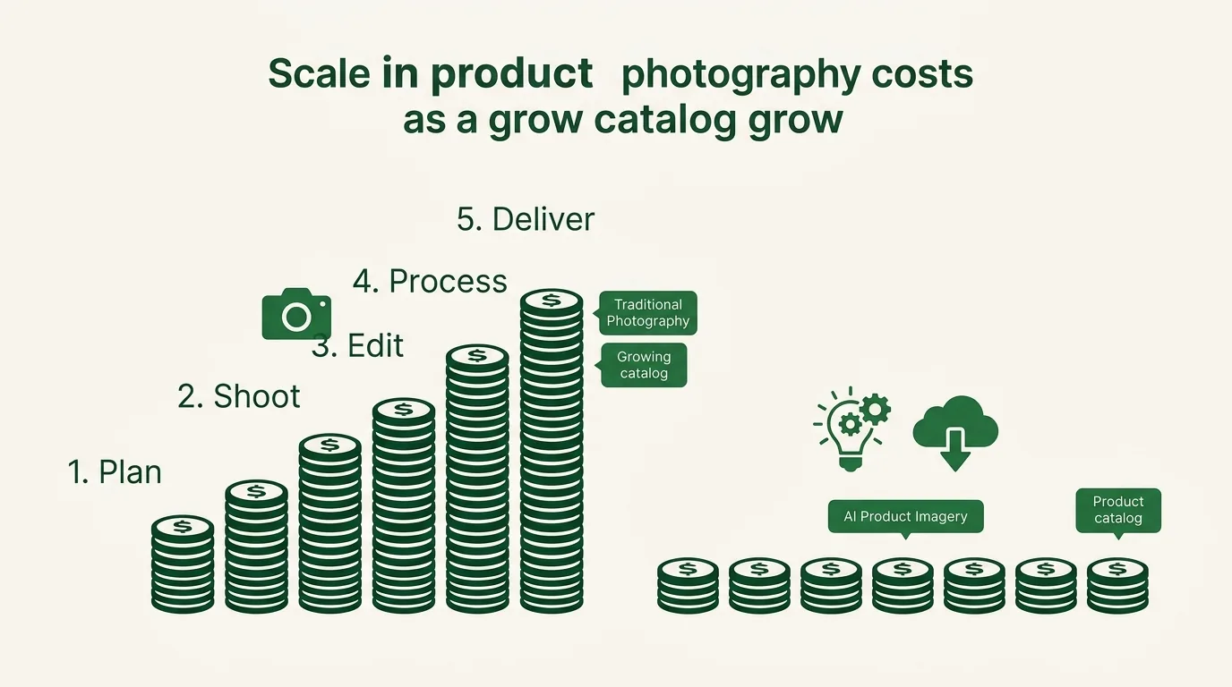 Diagram of how traditional product photography costs compound at scale versus flat AI costs