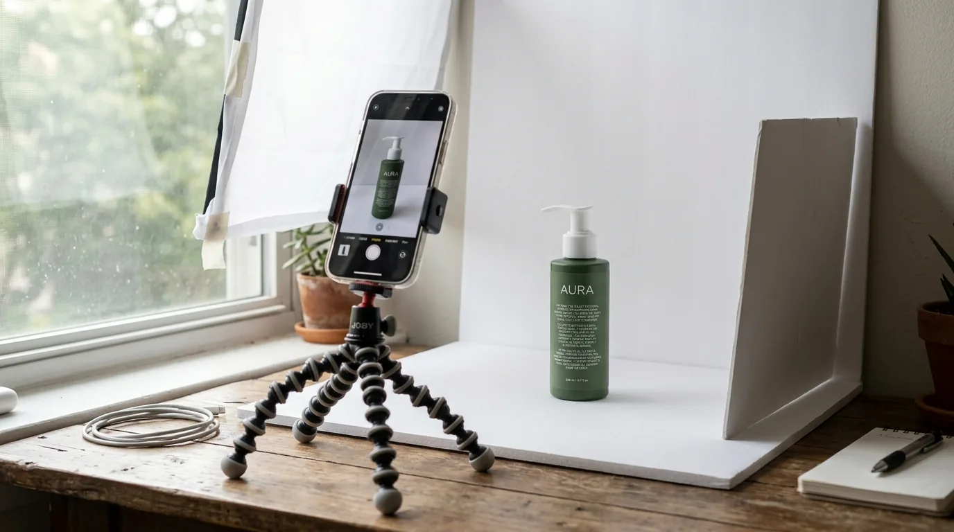 Beginner product photography setup shooting a product with a smartphone and natural light