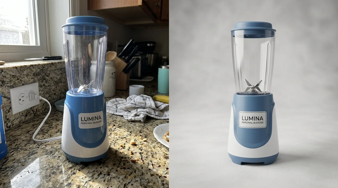 Before-and-after product photography showing a phone shot upgraded to an AI-enhanced studio photo