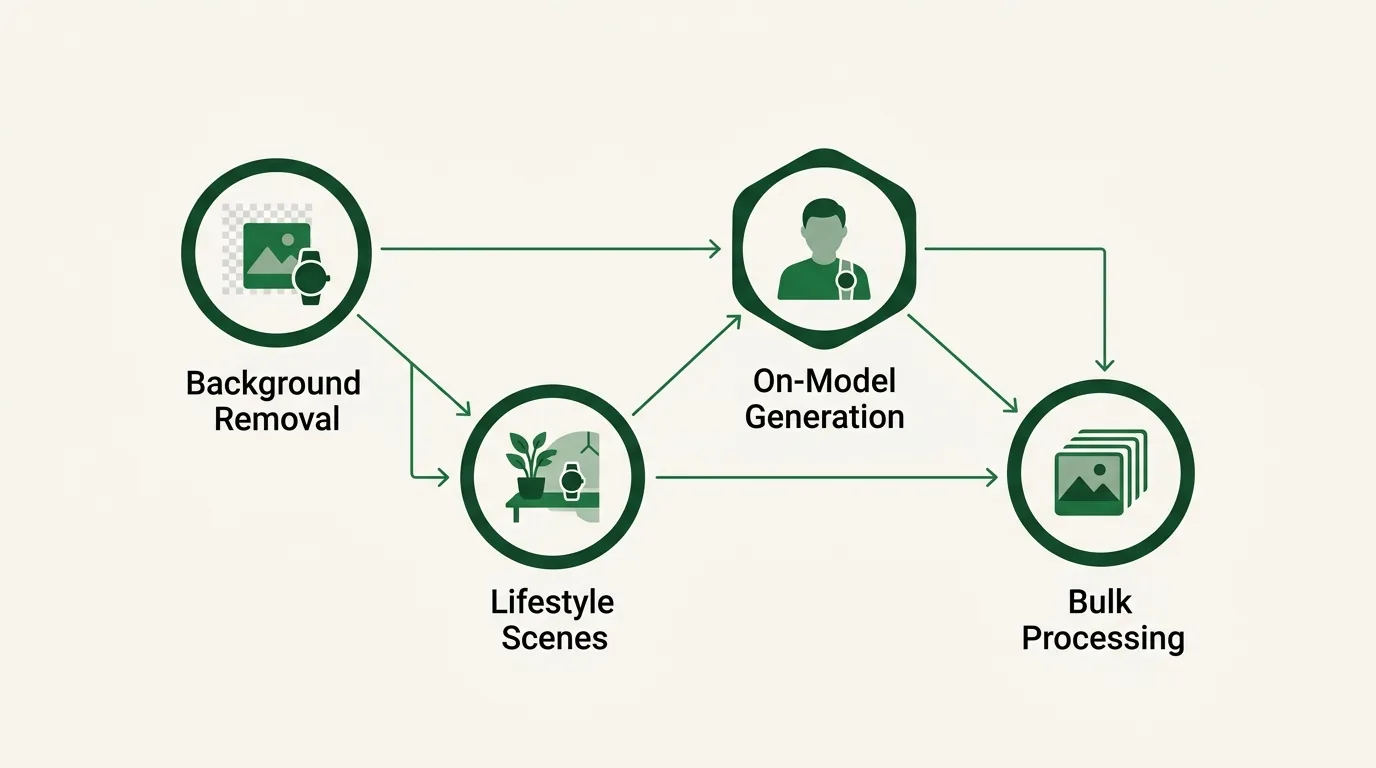 Capability map of what AI product photography can do across the ecommerce workflow