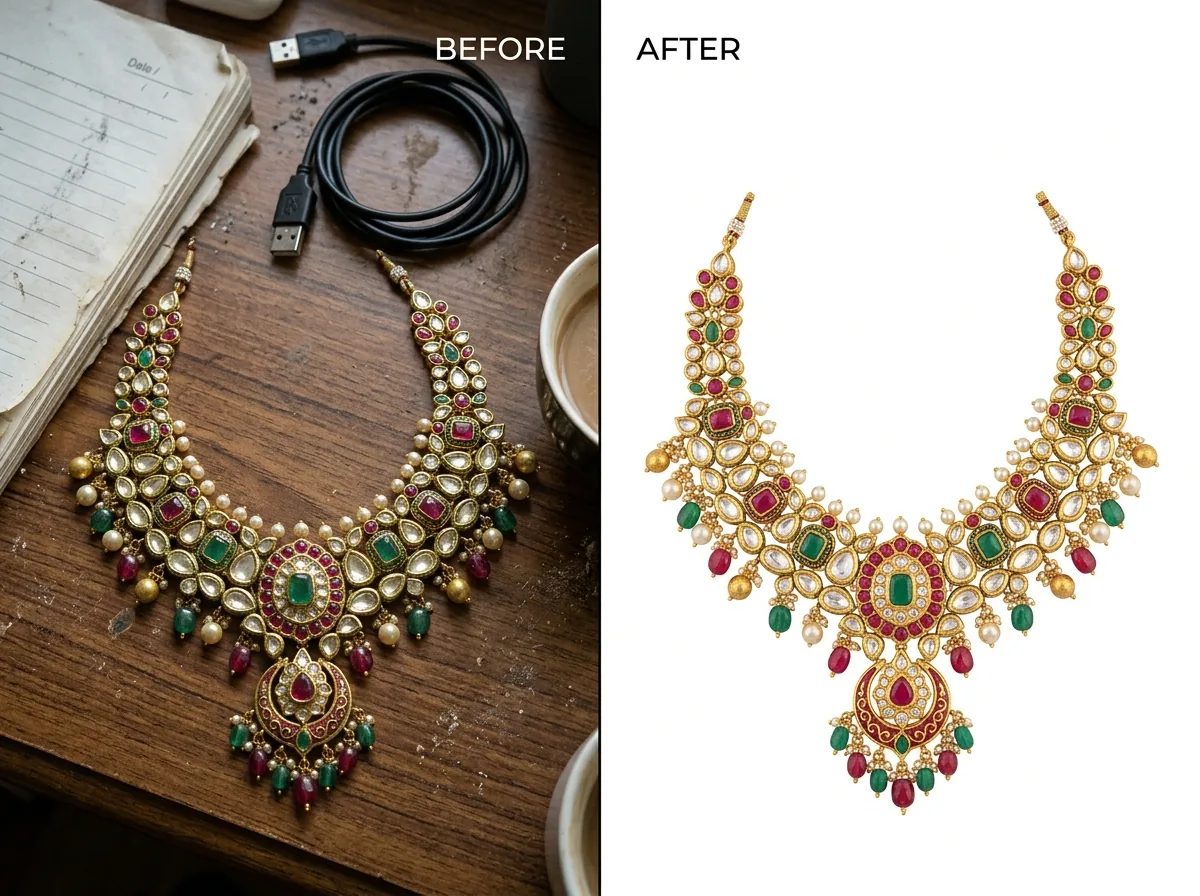 Before and after: a Kundan-style gold necklace photographed on a cluttered wooden table under mixed lighting versus the same necklace on a clean white studio background — ai jewellery photography example for heritage Indian jewelry