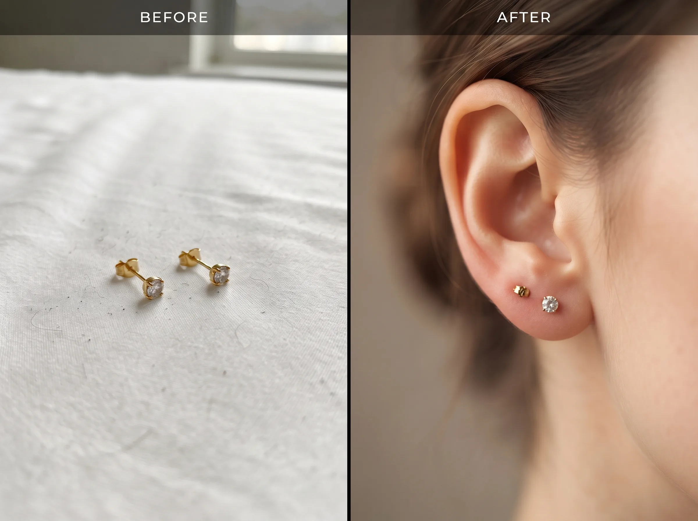 Before and after: a plain phone photo of gold stud earrings on a bedsheet versus the same earrings placed on an AI-generated ear with realistic skin tone and studio lighting — ai jewellery photography on-model example