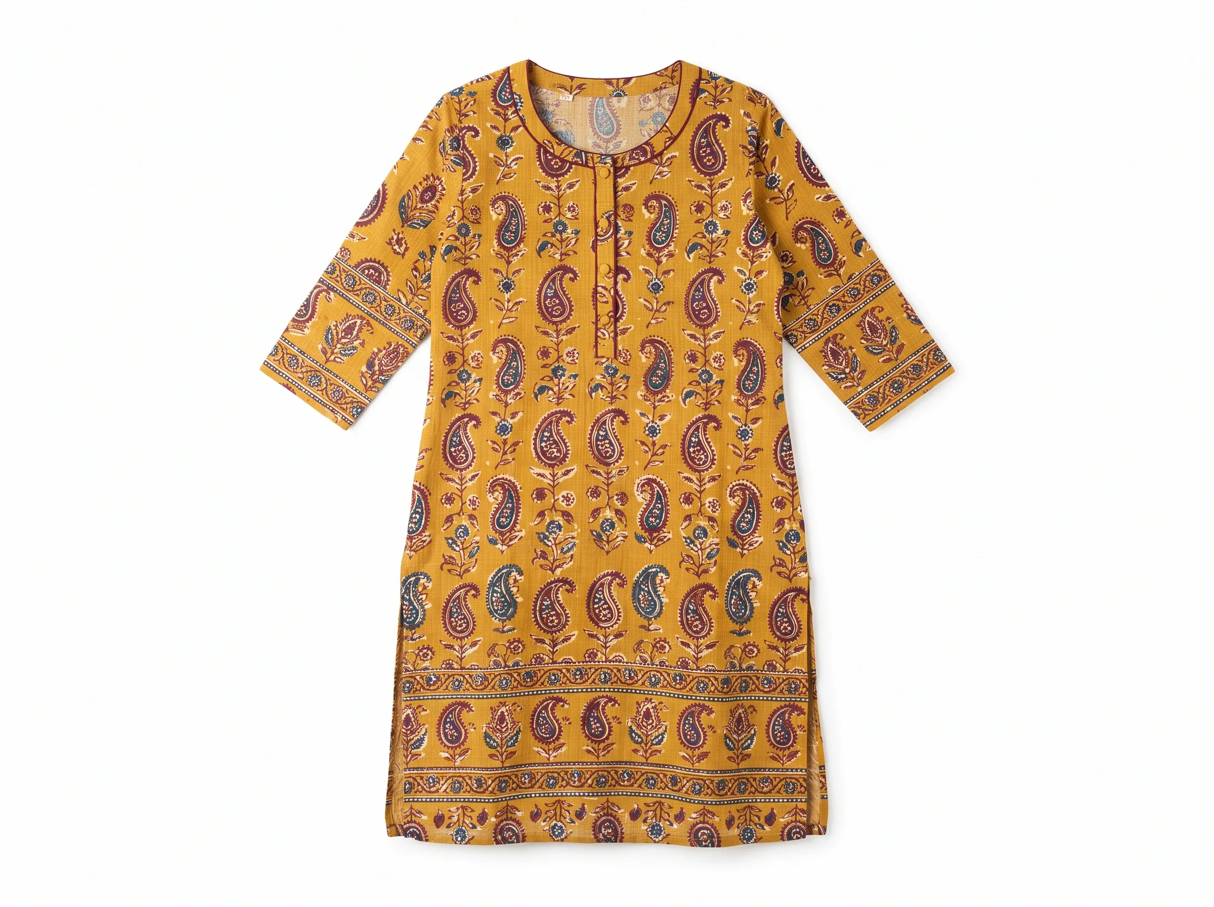 A product photograph of a mustard-yellow block-print kurti shot flat against a clean white background, following the six-part prompt formula