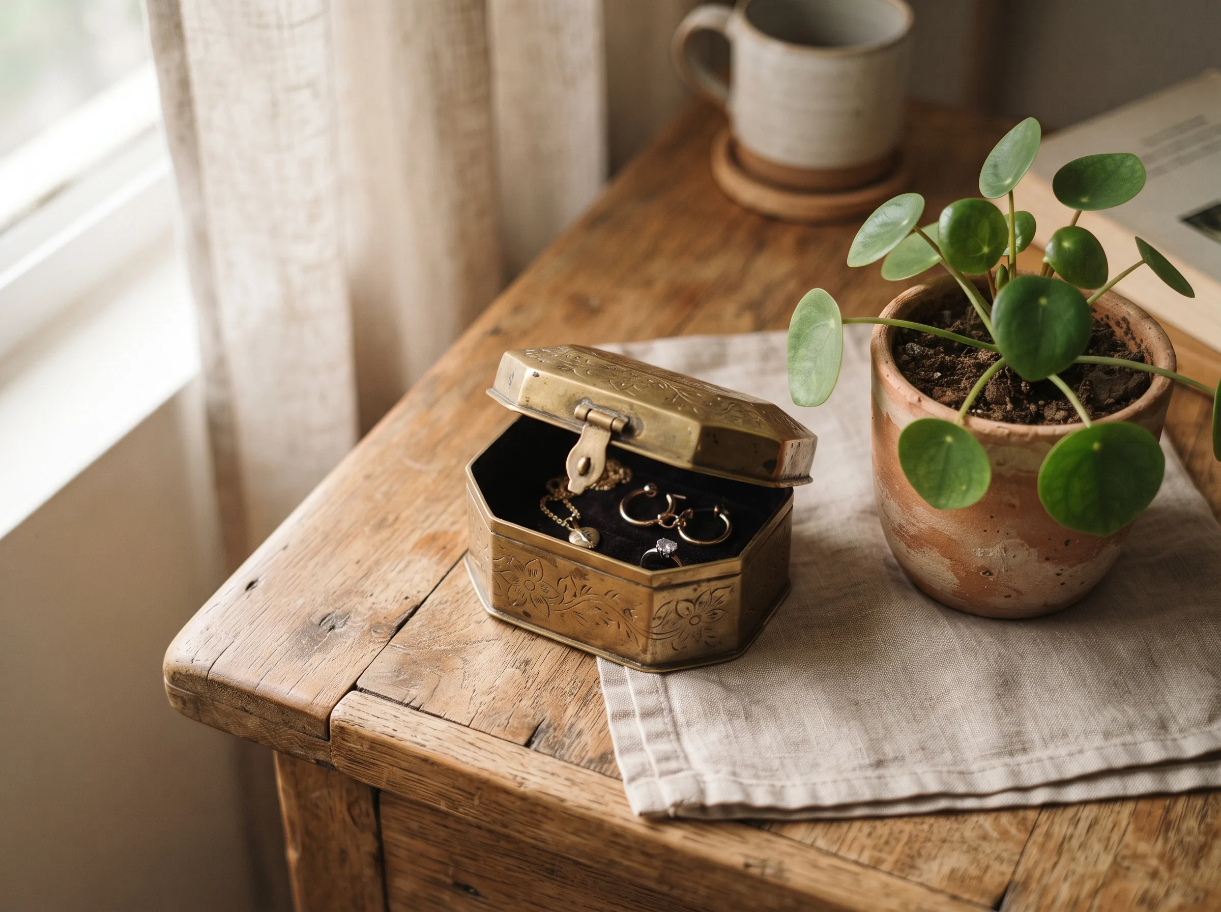 A photorealistic lifestyle product photo of a jewellery box on a wooden table with natural light, an example of an AI photoshoot prompt output