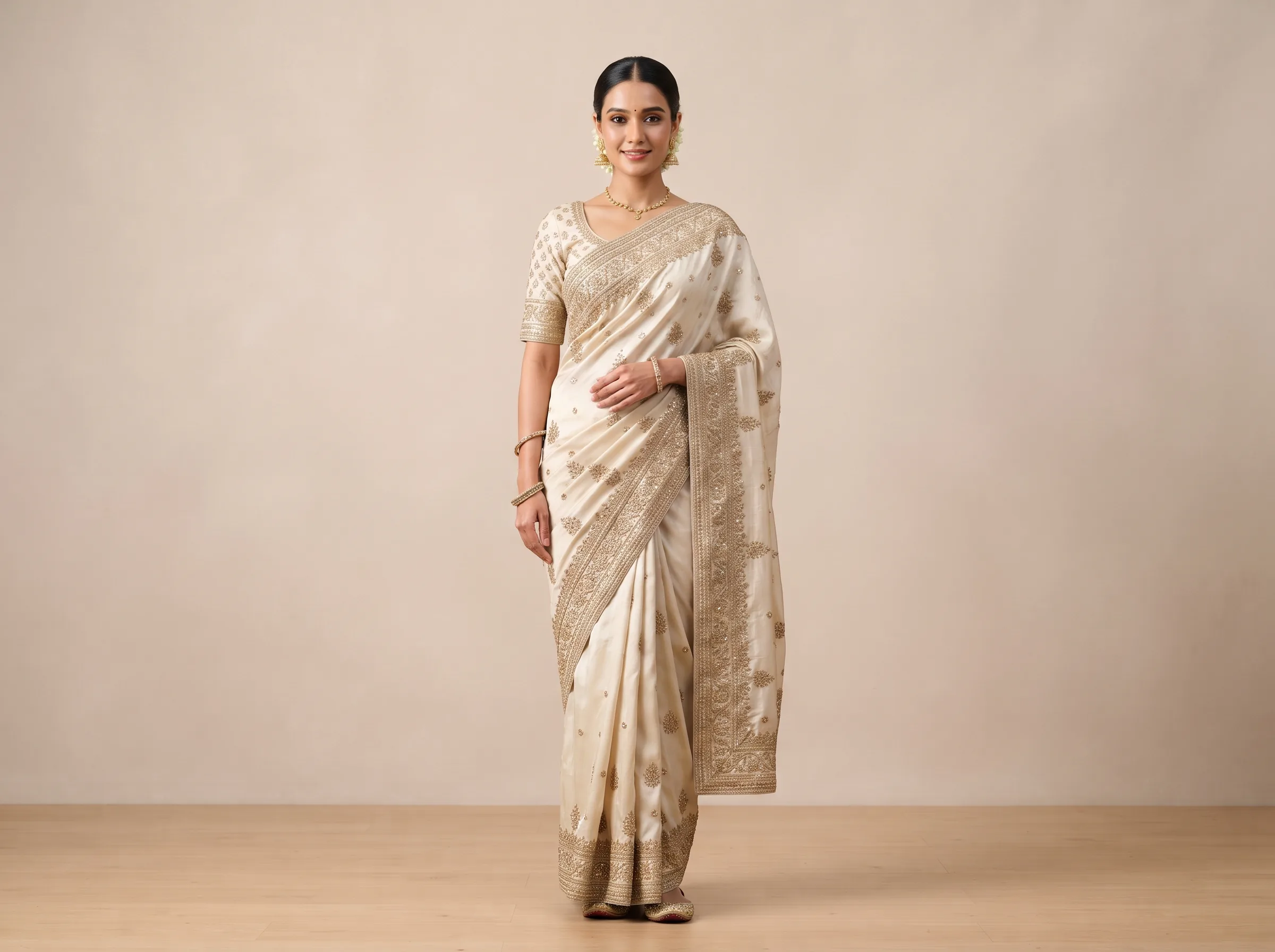 A professional fashion photograph of a model wearing an embroidered saree against a soft beige studio background, generated from an AI photoshoot prompt