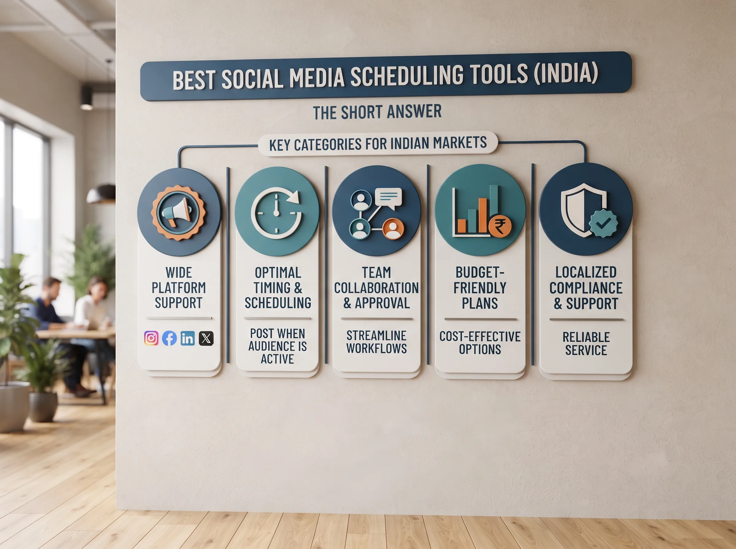 Illustration comparing six social media scheduling tool icons on a shelf with price tags, representing an honest side-by-side comparison