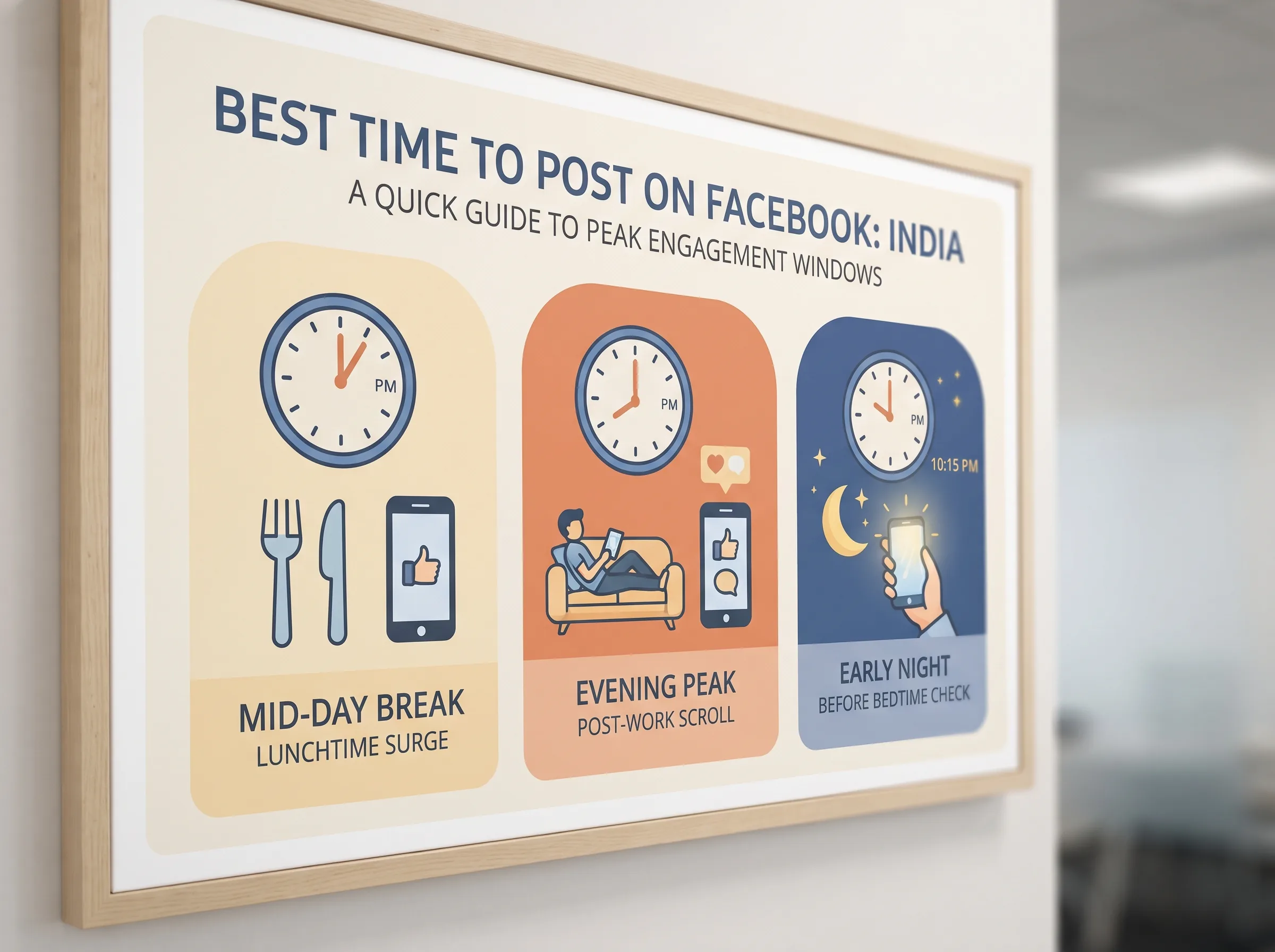 Infographic showing three IST posting windows for Facebook in India: mid-day lunchtime break, evening post-work scroll, and early-night check before bed