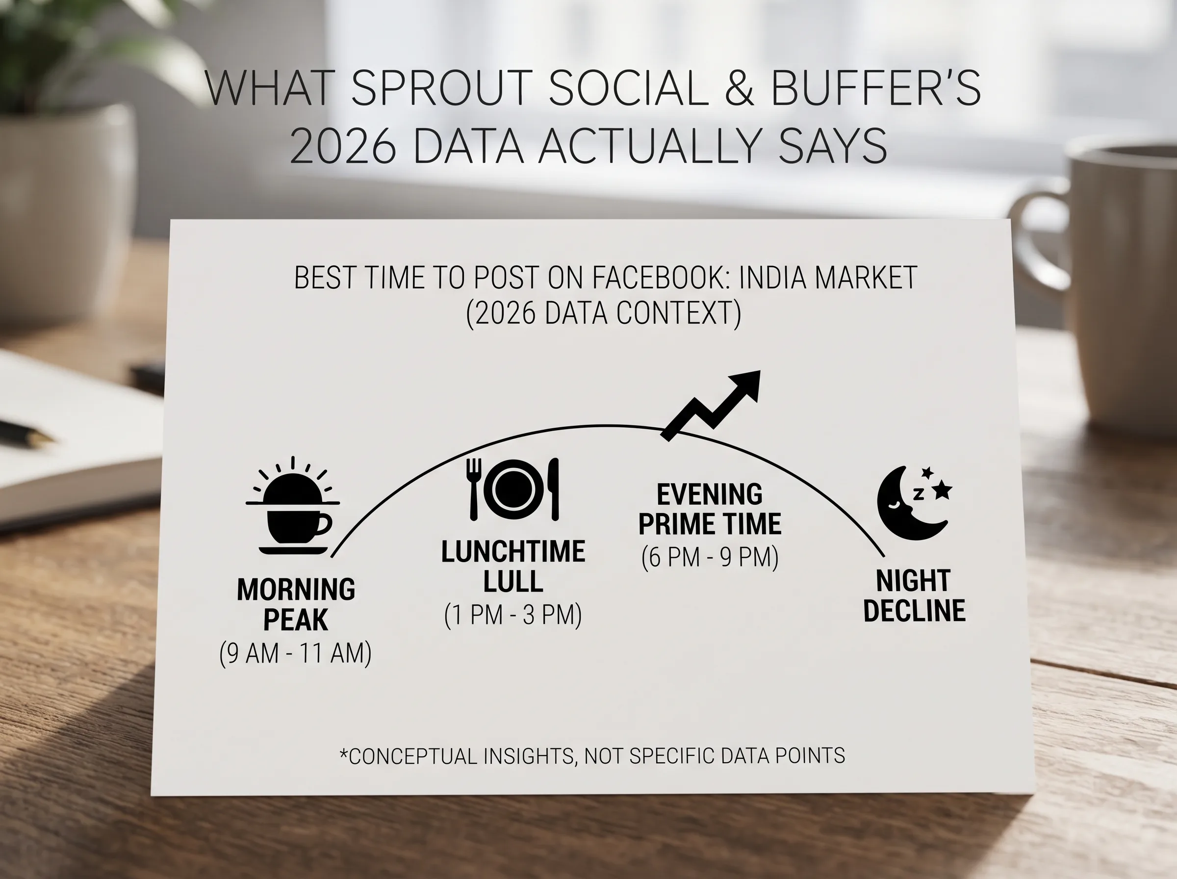 Conceptual diagram showing Facebook engagement rising through a morning peak, lunchtime lull, and evening prime time, then declining at night
