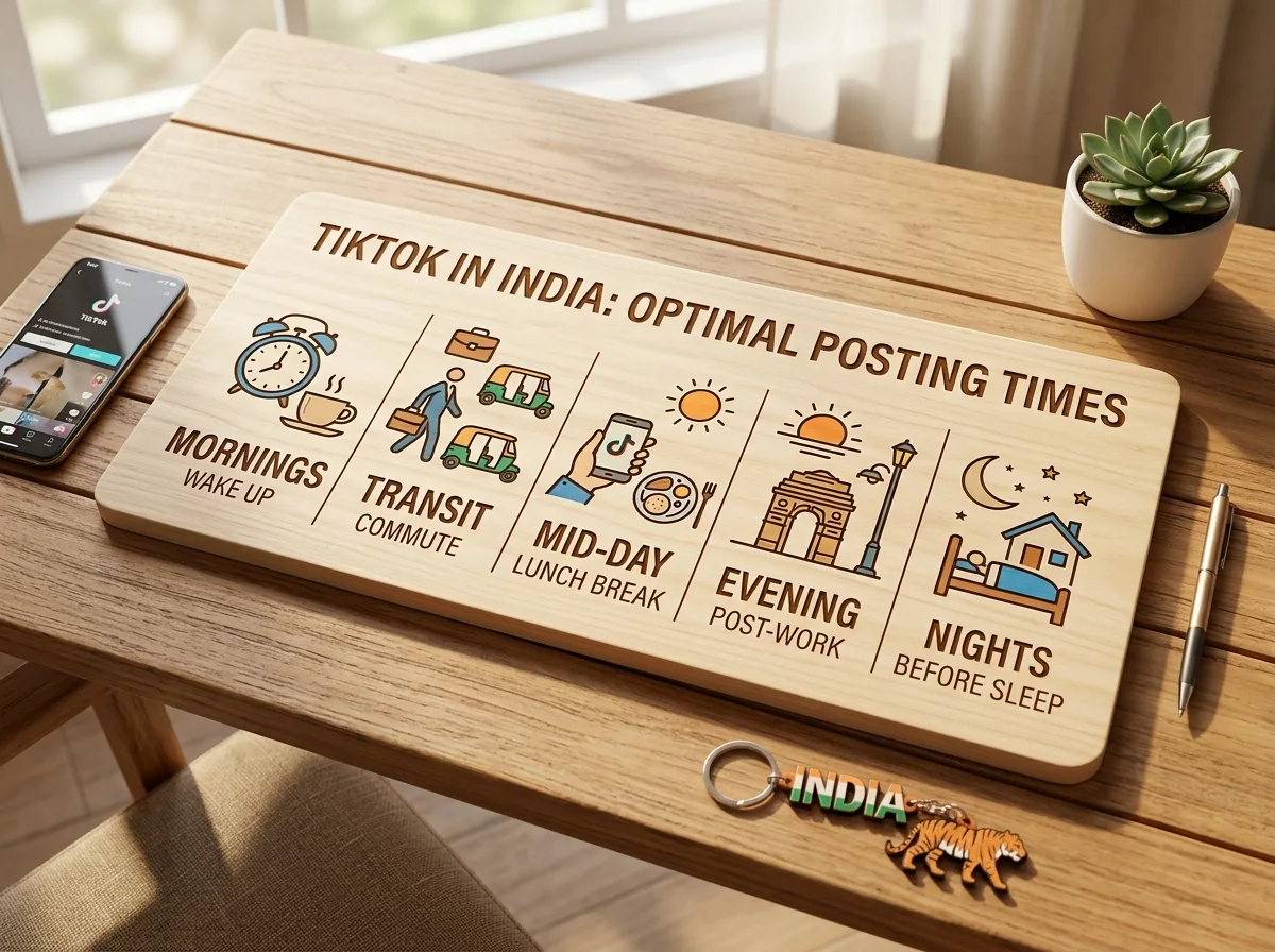 TikTok posting-time cues through an Indian small business owner's day: wake-up, commute, lunch break, evening, and night
