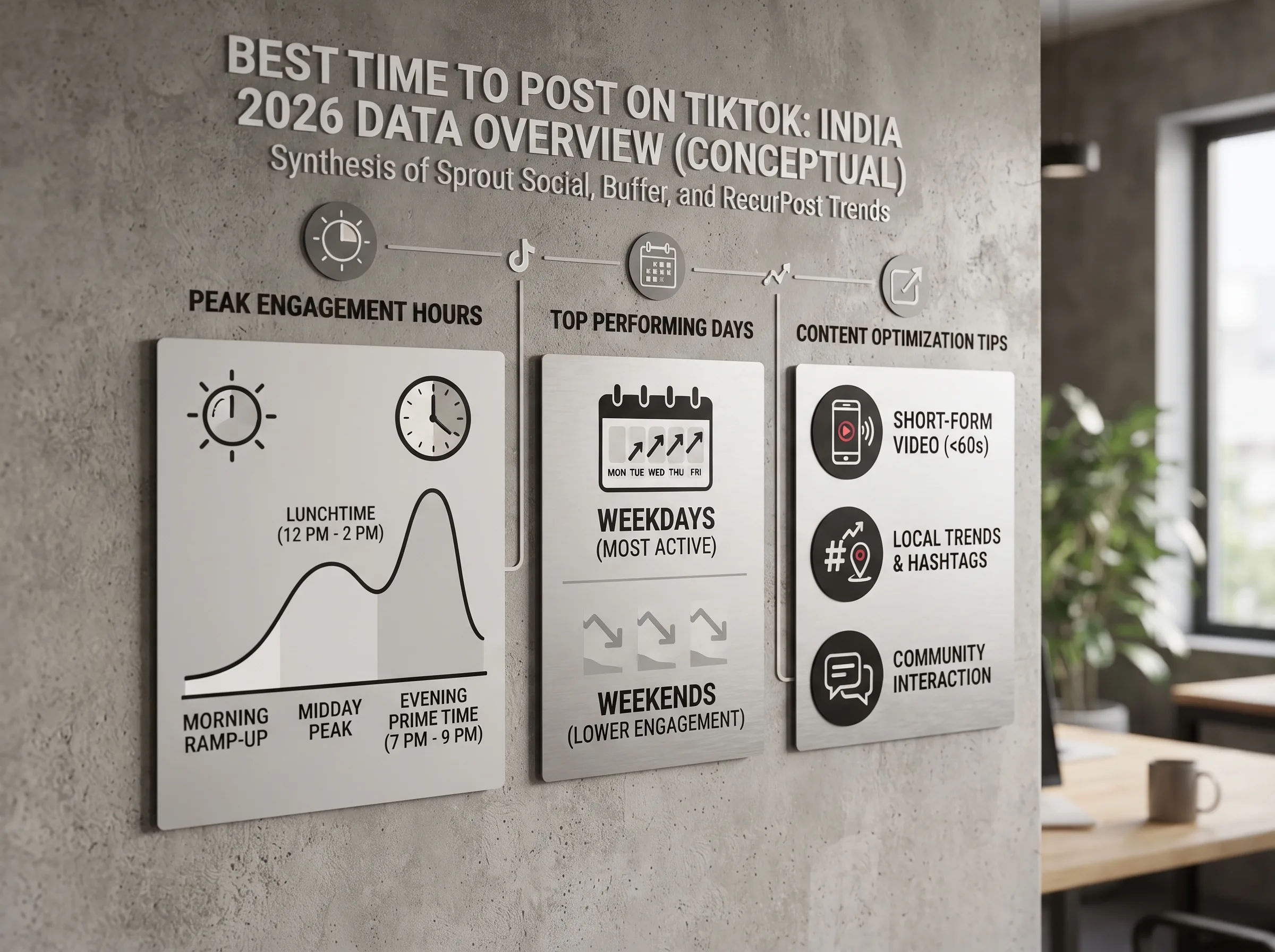 Conceptual overview of TikTok India posting-time patterns: peak engagement hours, top-performing days, and content optimization tips