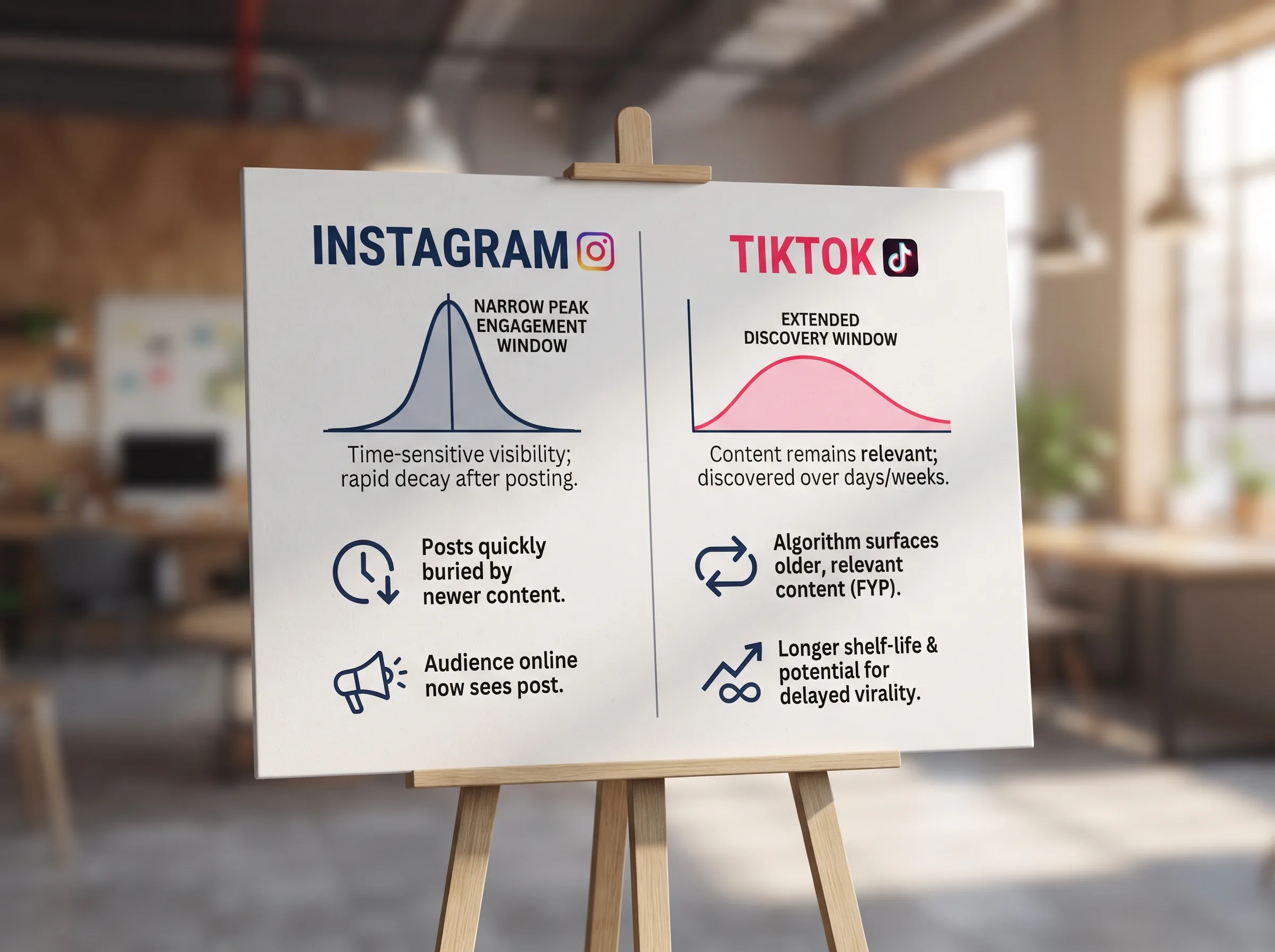Comparison diagram: Instagram's narrow peak-engagement window versus TikTok's extended For You Page discovery window
