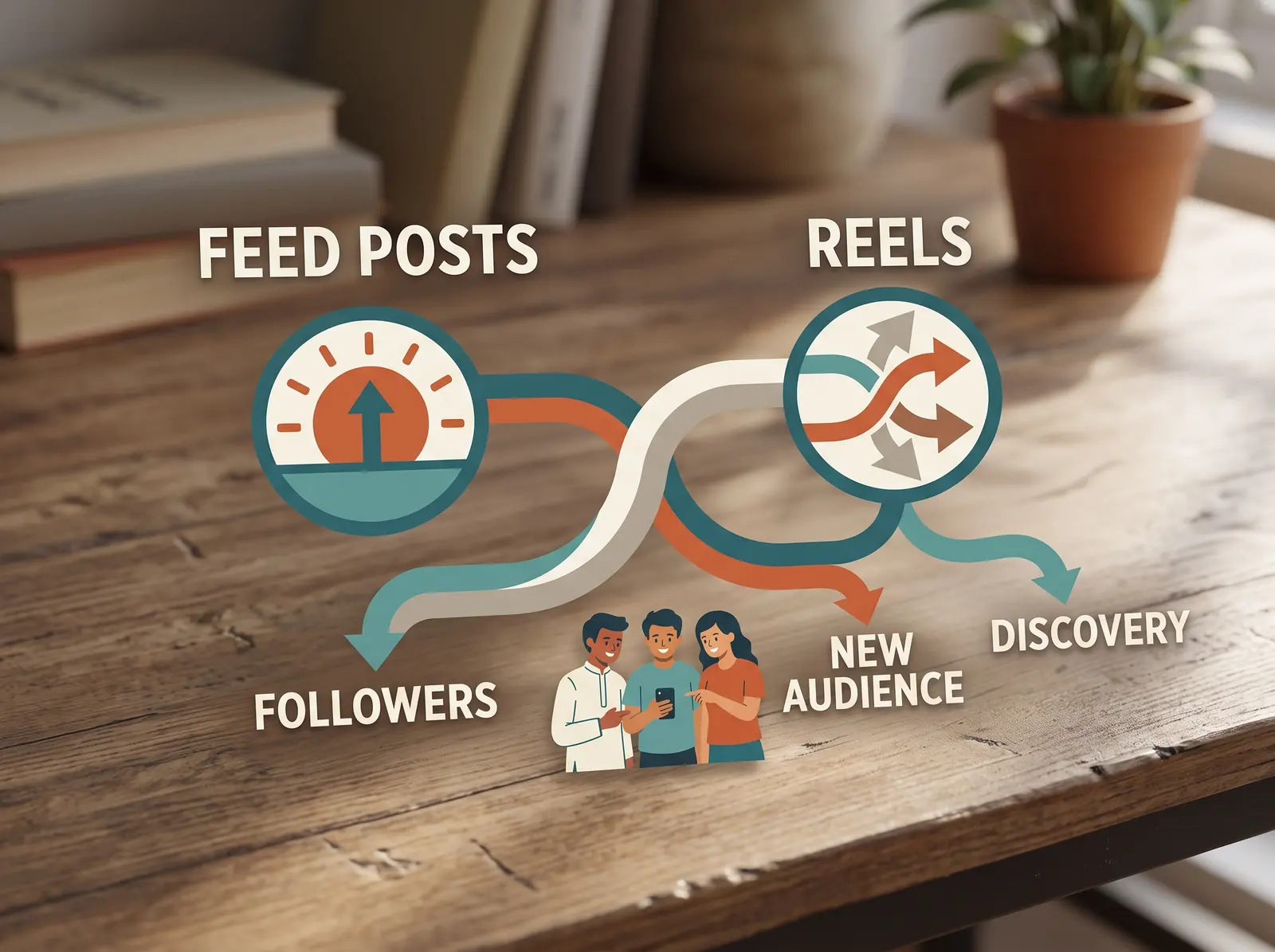 Diagram showing how a Reels post's reach flows toward new audience discovery compared to a feed post's reach flowing mainly to existing followers