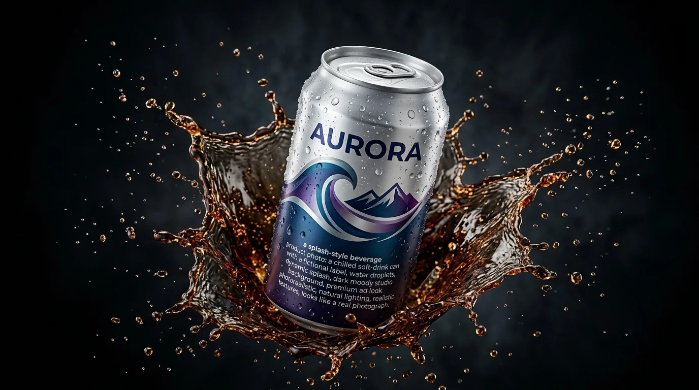 A splash-style beverage product photography image made with AI: a chilled soft-drink can with a fictional label, water droplets and dynamic splash on a dark moody studio background