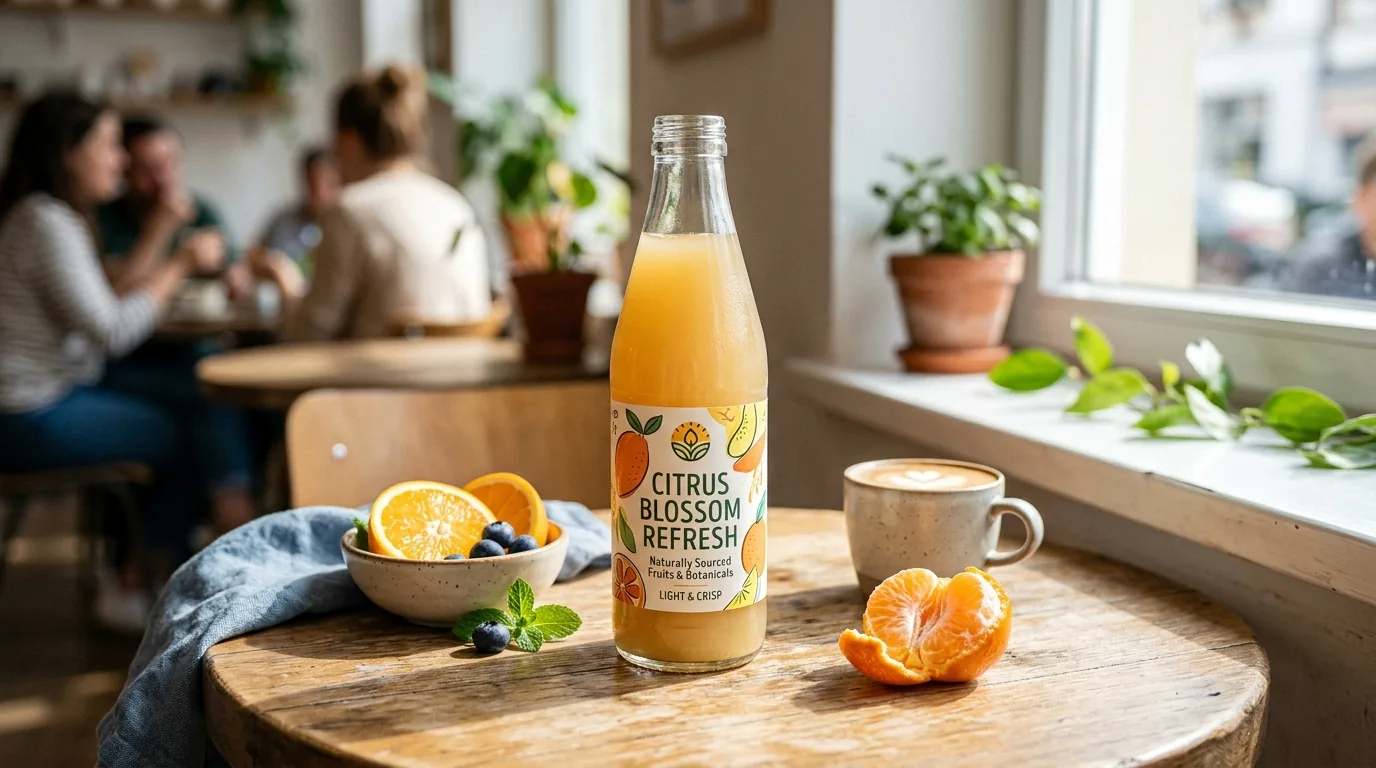 A bright lifestyle beverage product photography image made with AI: a glass juice bottle with a fictional label on a sunny cafe table with fresh fruit, natural light, editorial FMCG style